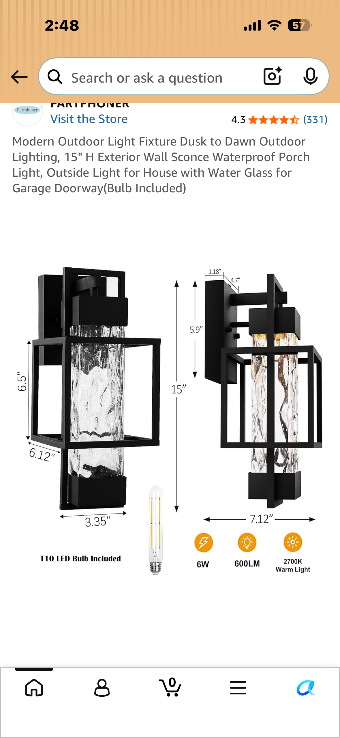Modern Outdoor Light Fixture, Dusk to Dawn Outdoor Lighting, 15" H Exterior Wall Sconce, Waterproof Porch Light, Outside Light for House with Water Glass for Garage Doorway(Bulb Included)