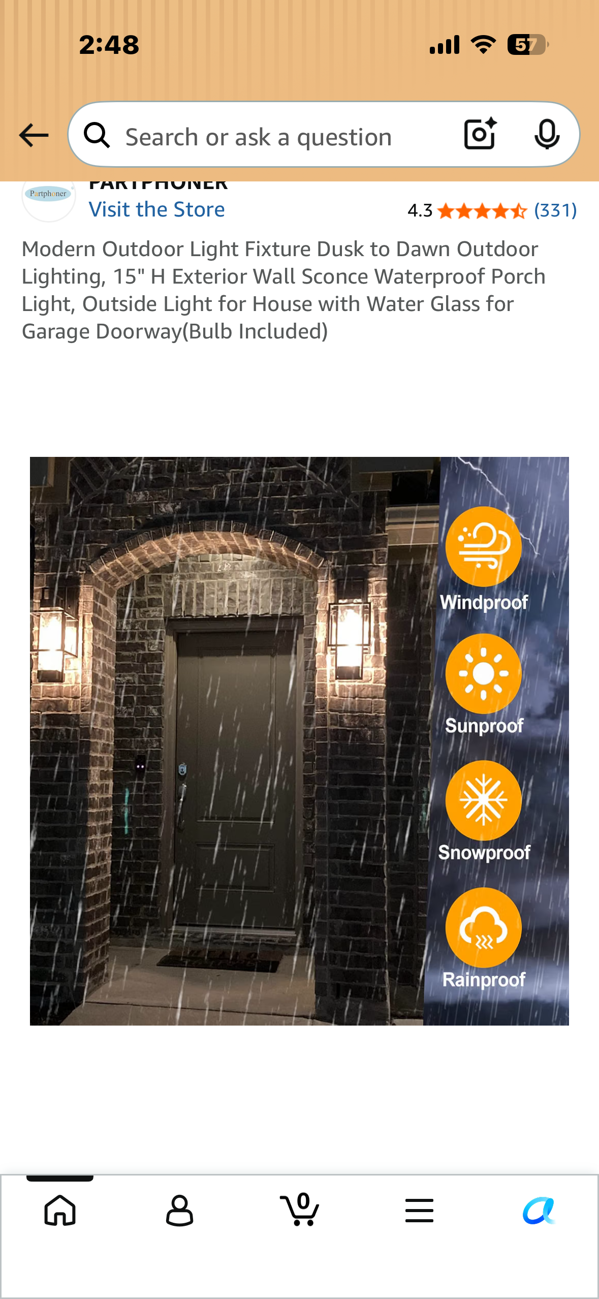 Modern Outdoor Light Fixture, Dusk to Dawn Outdoor Lighting, 15" H Exterior Wall Sconce, Waterproof Porch Light, Outside Light for House with Water Glass for Garage Doorway(Bulb Included)
