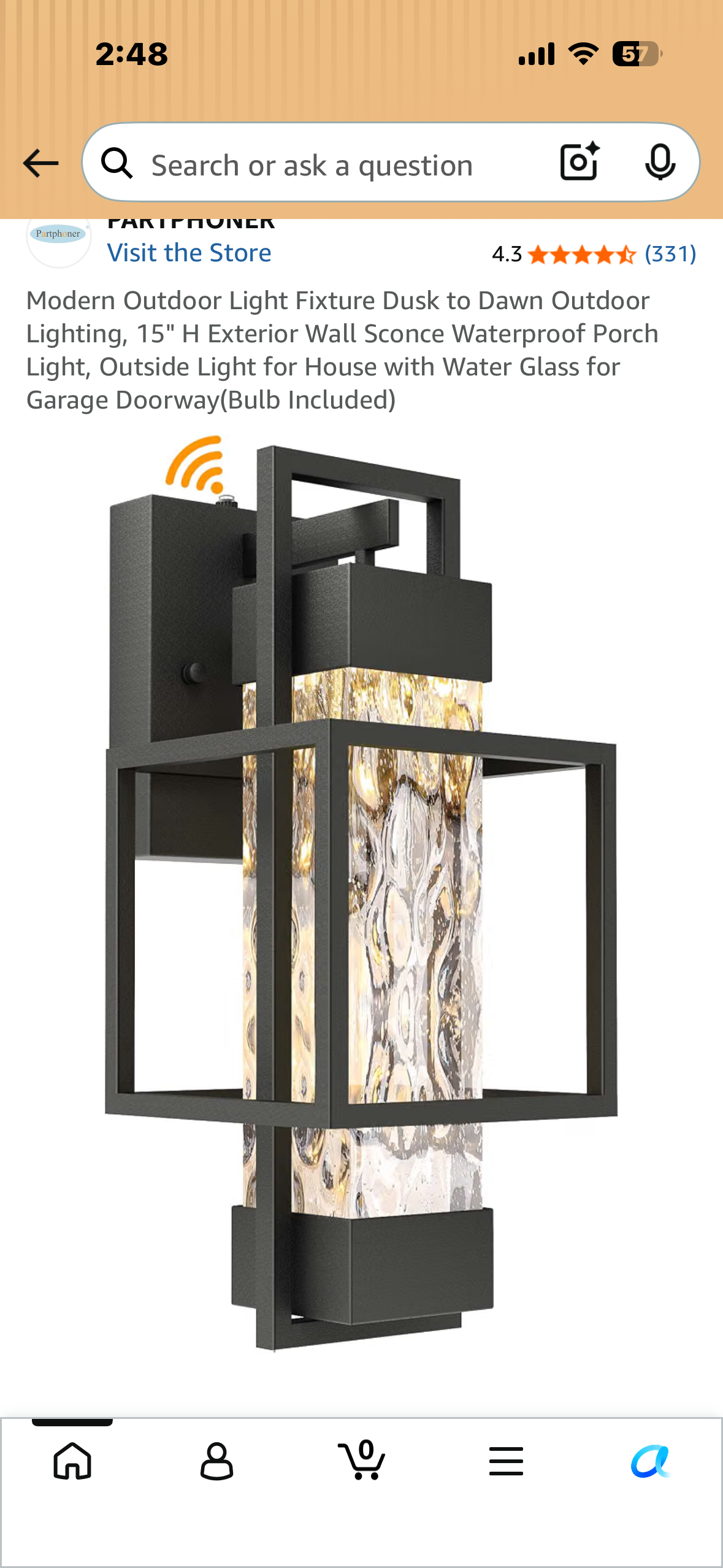Modern Outdoor Light Fixture, Dusk to Dawn Outdoor Lighting, 15" H Exterior Wall Sconce, Waterproof Porch Light, Outside Light for House with Water Glass for Garage Doorway(Bulb Included)