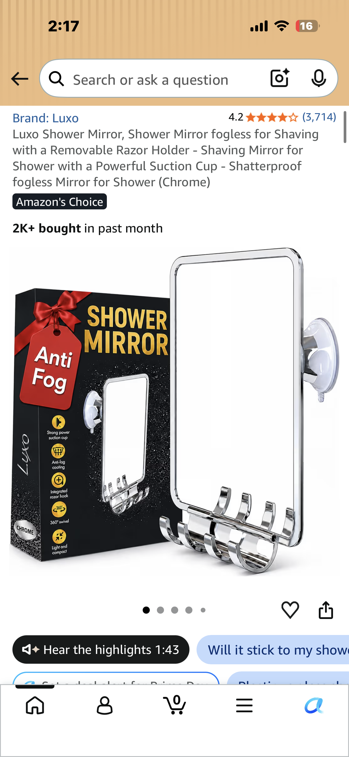 Luxo Shower Mirror, Fogless Shower Mirror for Shaving with a Removable Razor Holder, Powerful Suction Cup, Shatterproof fogless Mirror(Chrome)