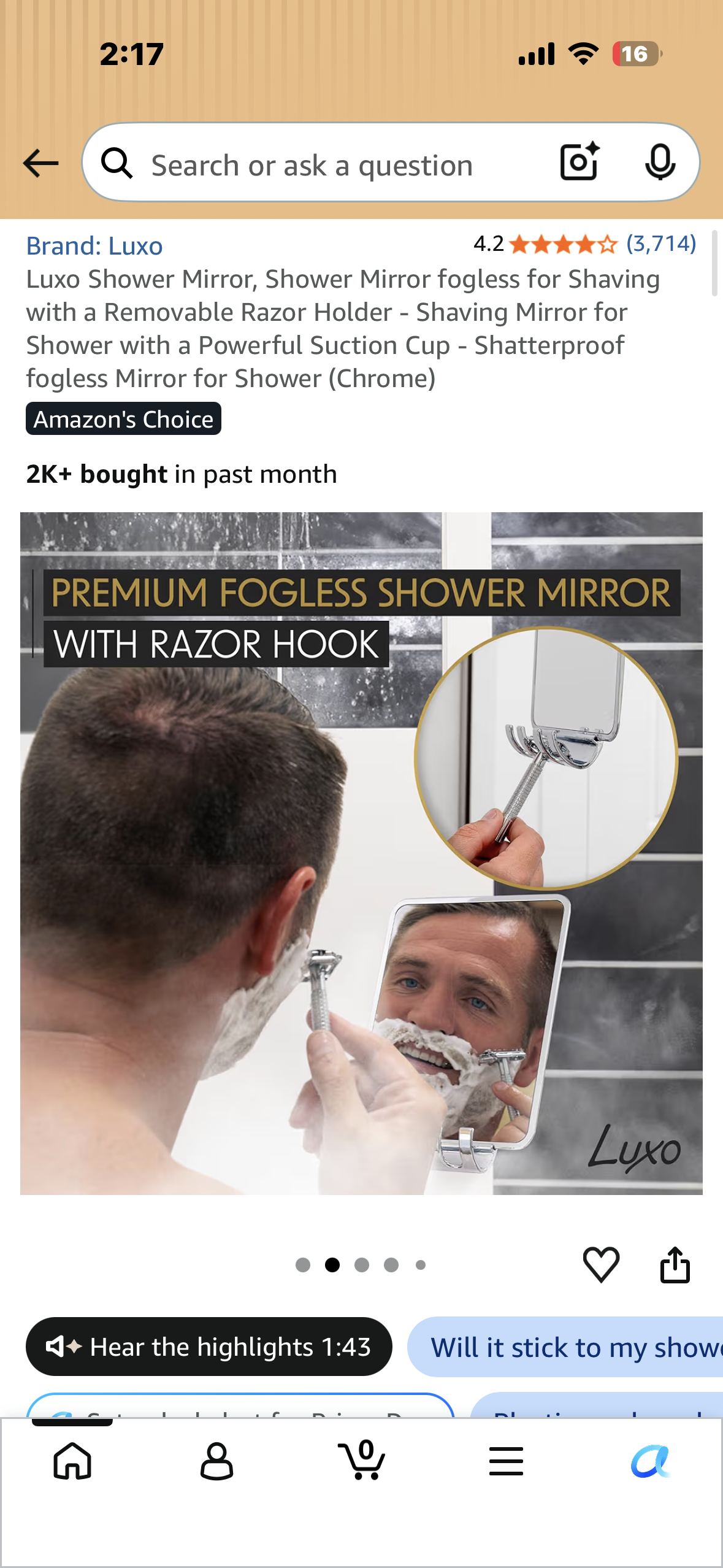 Luxo Shower Mirror, Fogless Shower Mirror for Shaving with a Removable Razor Holder, Powerful Suction Cup, Shatterproof fogless Mirror(Chrome)