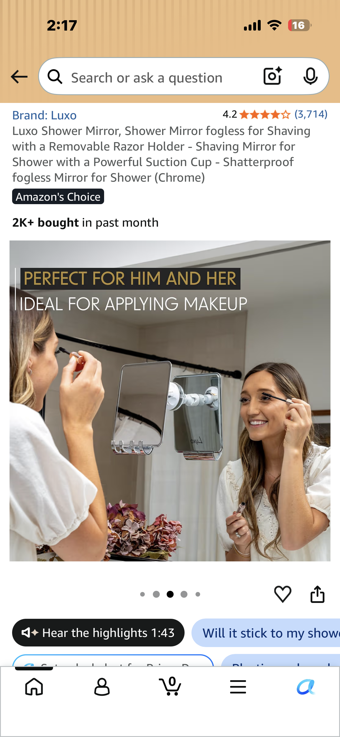 Luxo Shower Mirror, Fogless Shower Mirror for Shaving with a Removable Razor Holder, Powerful Suction Cup, Shatterproof fogless Mirror(Chrome)
