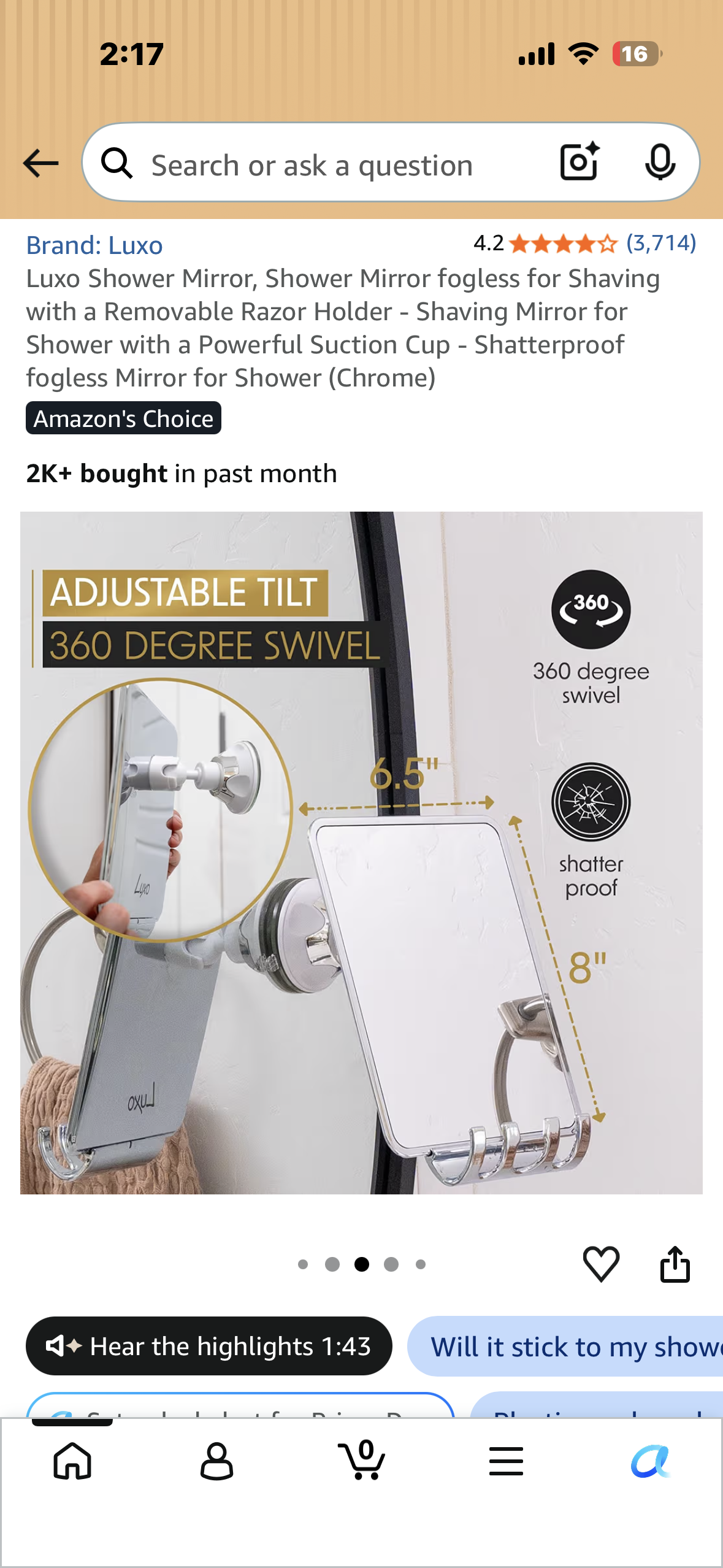 Luxo Shower Mirror, Fogless Shower Mirror for Shaving with a Removable Razor Holder, Powerful Suction Cup, Shatterproof fogless Mirror(Chrome)