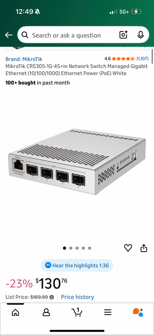 MikroTik CRS305-1G-4S+in Network Switch Managed Gigabit Ethernet (10/100/1000) Ethernet Power (PoE) White