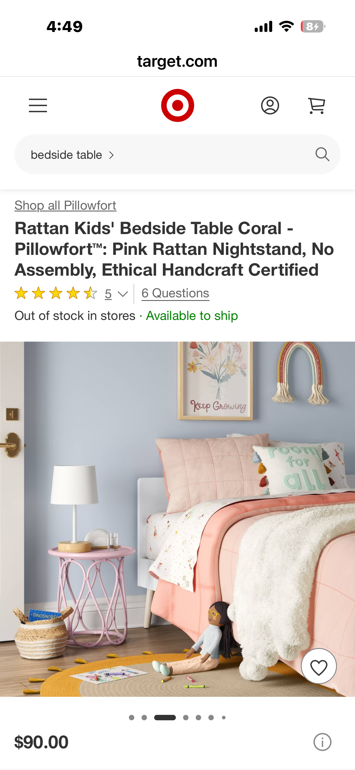 Rattan Kids' Bedside Table, Coral - Pillowfort™: Pink Rattan Nightstand, No Assembly, Ethical Handcraft Certified
