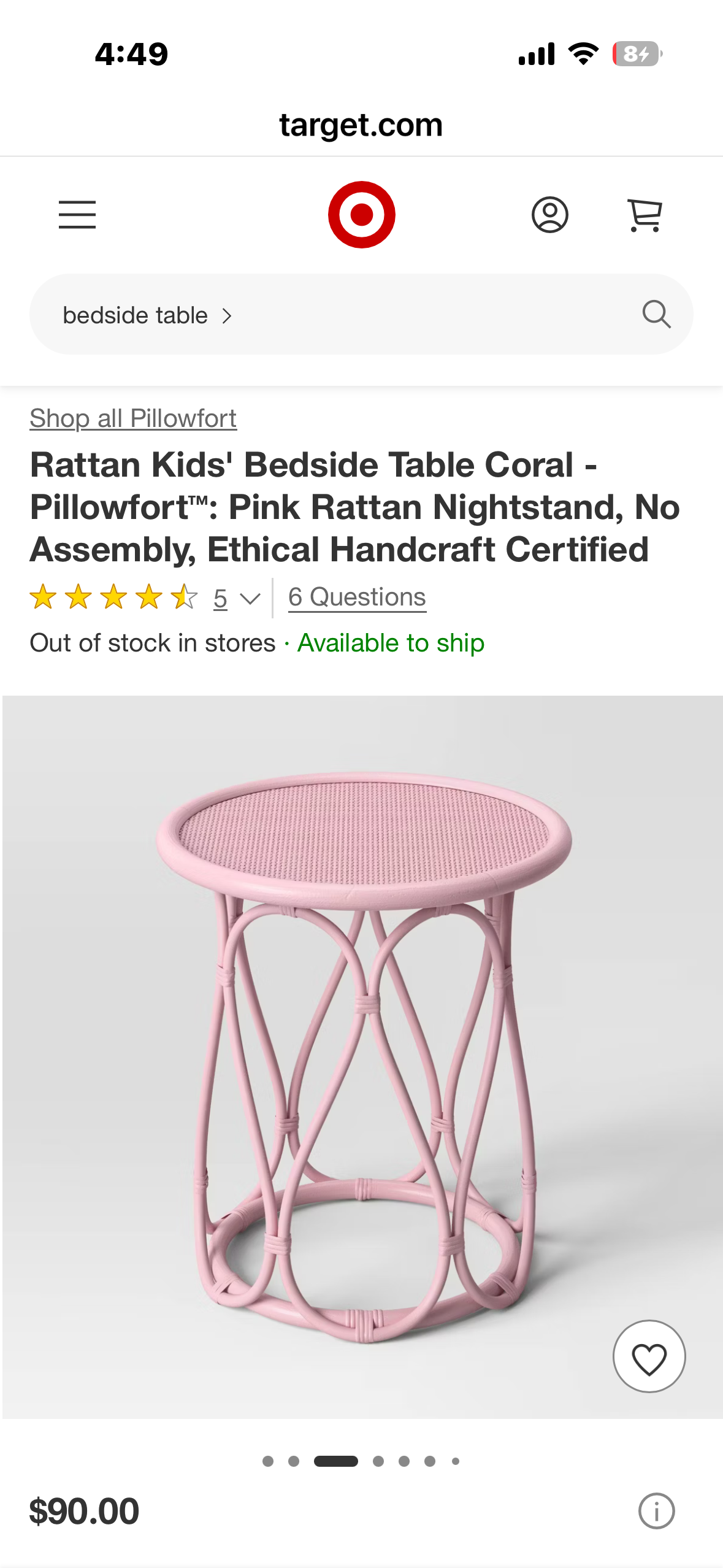 Rattan Kids' Bedside Table, Coral - Pillowfort™: Pink Rattan Nightstand, No Assembly, Ethical Handcraft Certified