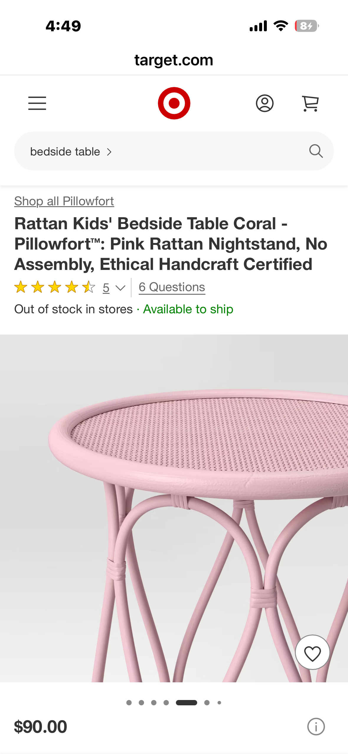 Rattan Kids' Bedside Table, Coral - Pillowfort™: Pink Rattan Nightstand, No Assembly, Ethical Handcraft Certified