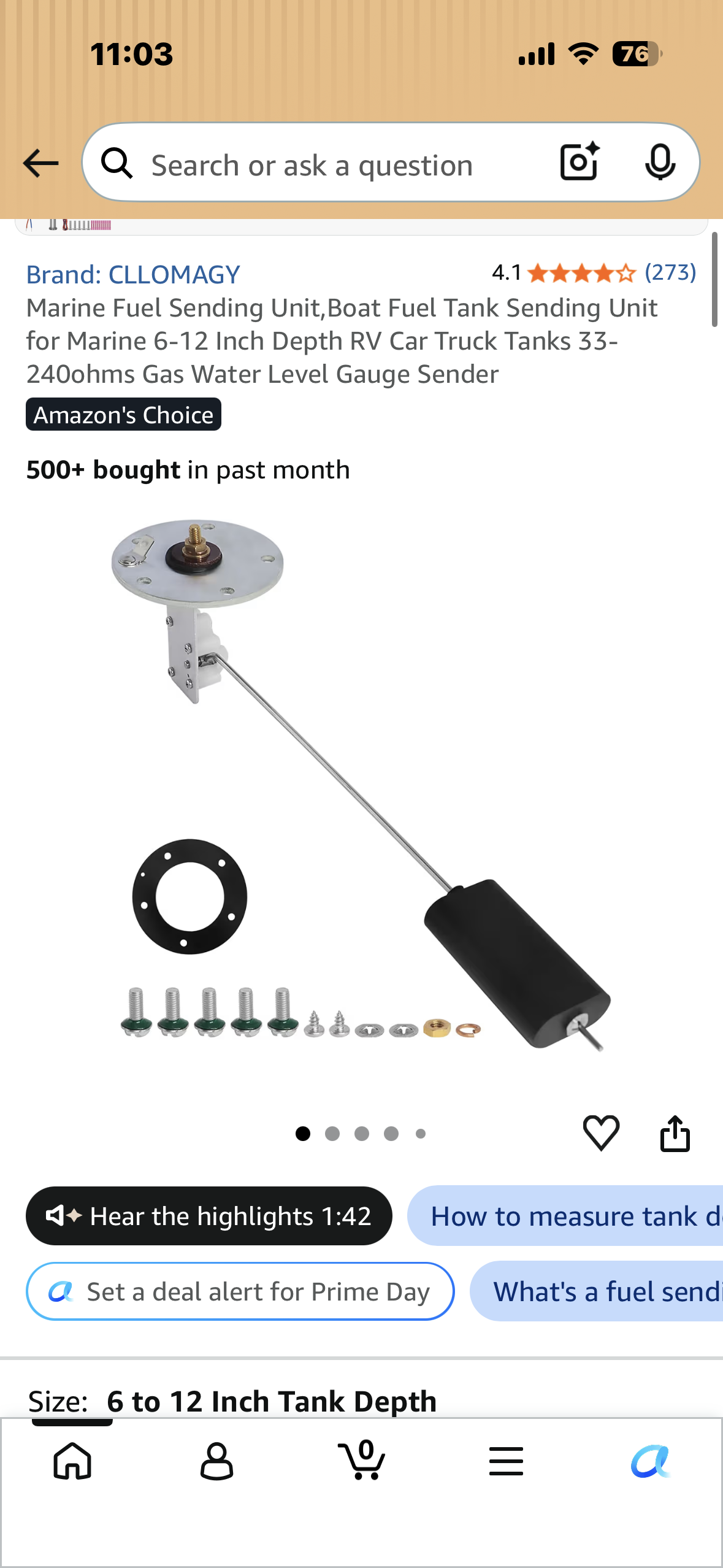 Marine Fuel Sending Unit,Boat Fuel Tank Sending Unit for Marine 6-12 Inch Depth RV Car Truck Tanks 33-240ohms Gas Water Level Gauge Sender