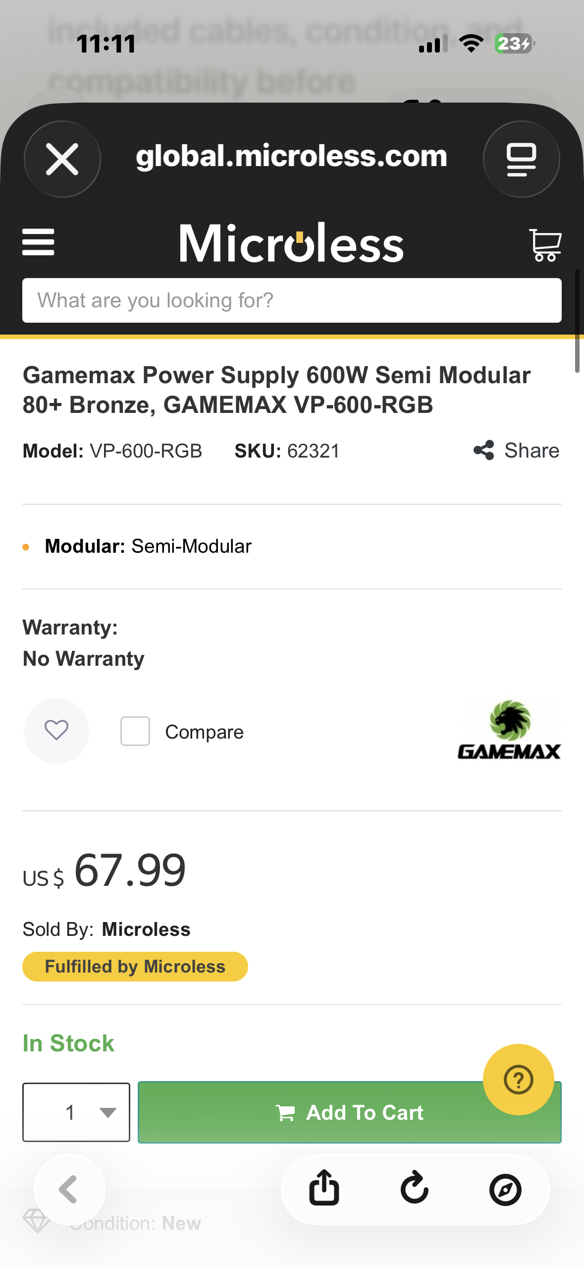GameMax VP-600-RGB-M 600W Semi-Modular RGB PC Power Supply 80+ Bronze