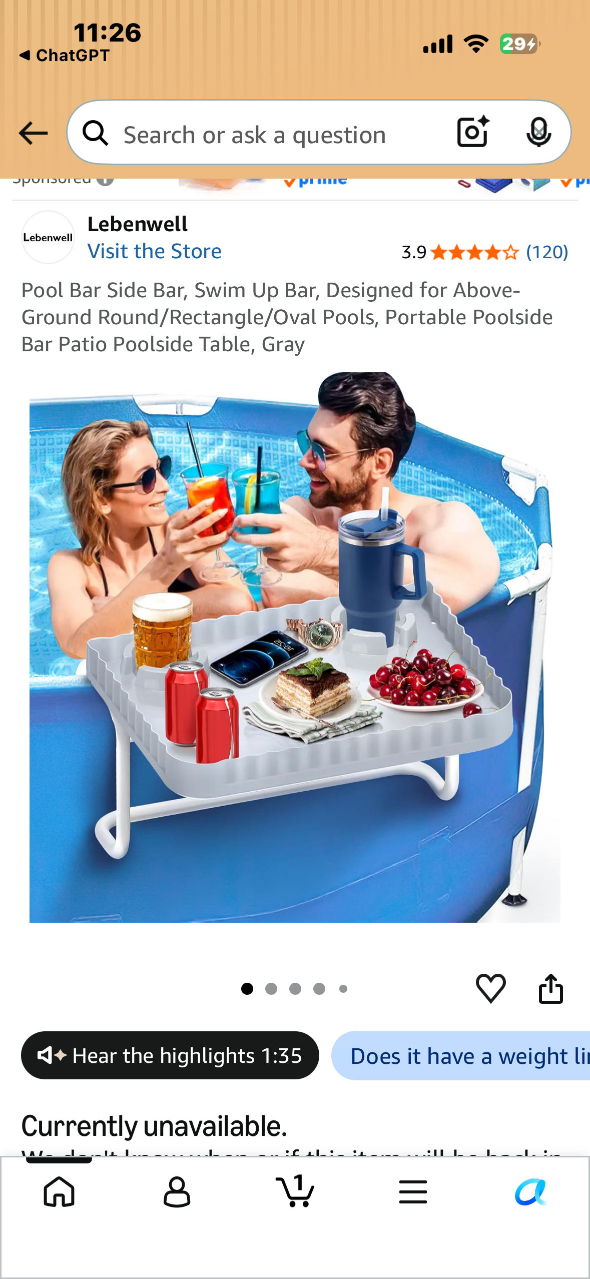 Pool Bar Side Bar, Swim Up Bar, Designed for Above-Ground Round/Rectangle/Oval Pools, Portable Poolside Bar Patio Poolside Table, Blue