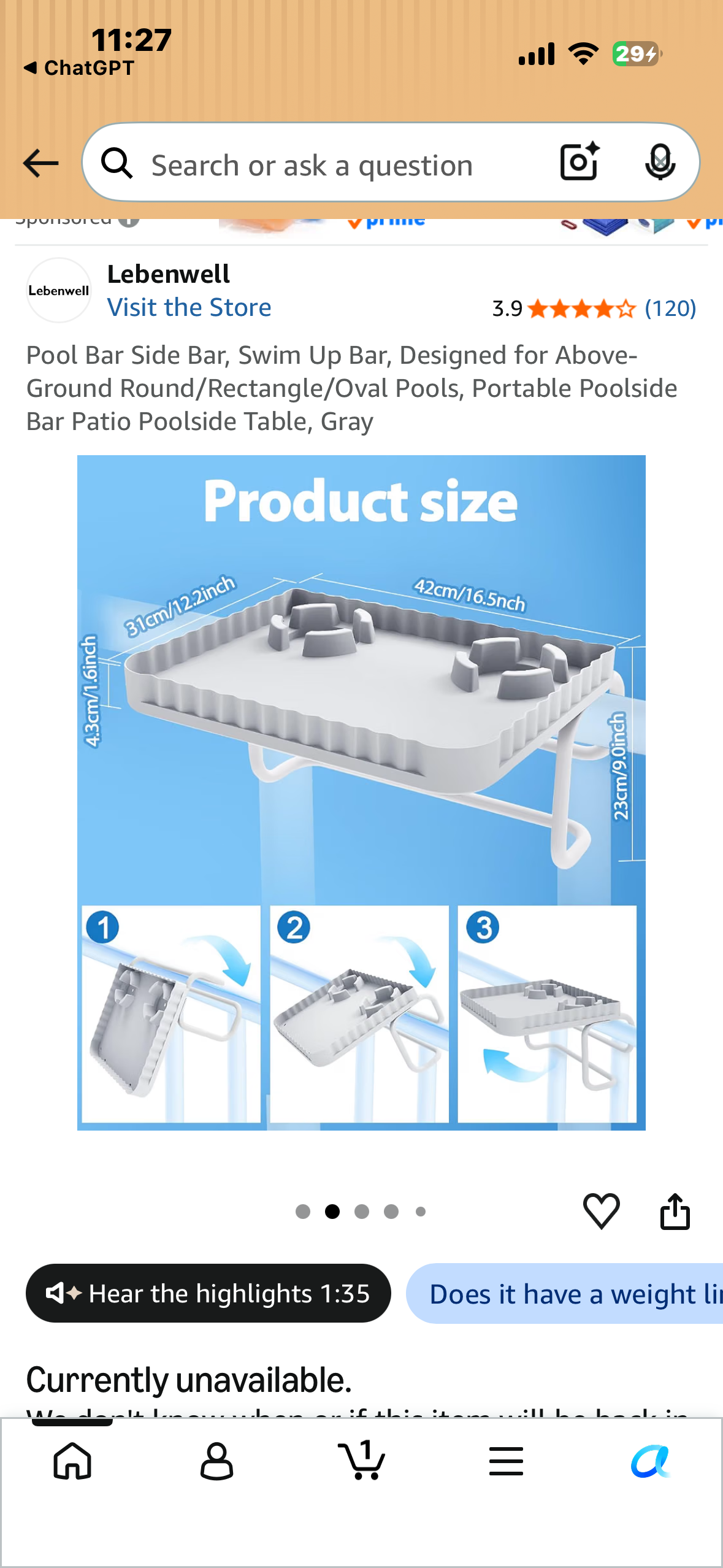 Pool Bar Side Bar, Swim Up Bar, Designed for Above-Ground Round/Rectangle/Oval Pools, Portable Poolside Bar Patio Poolside Table, Blue