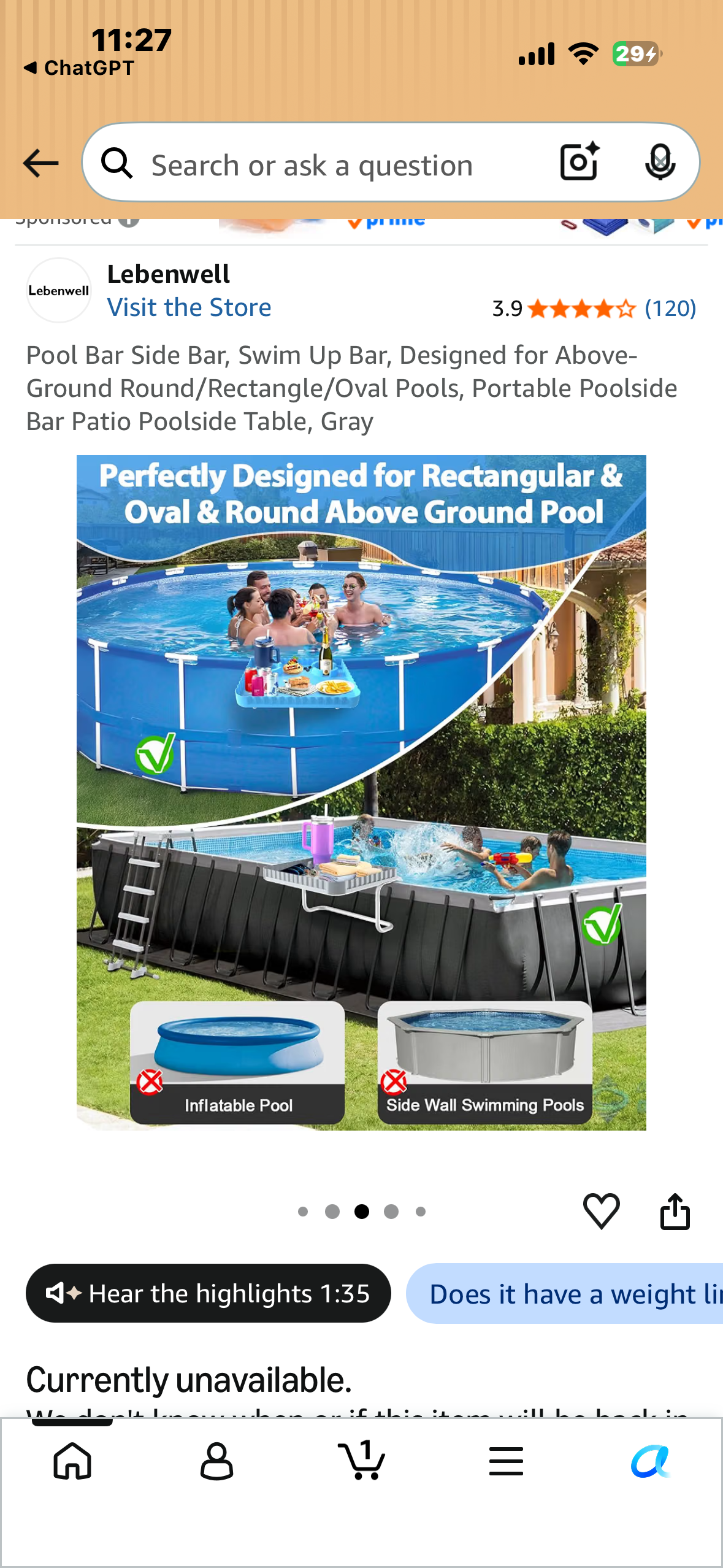 Pool Bar Side Bar, Swim Up Bar, Designed for Above-Ground Round/Rectangle/Oval Pools, Portable Poolside Bar Patio Poolside Table, Blue