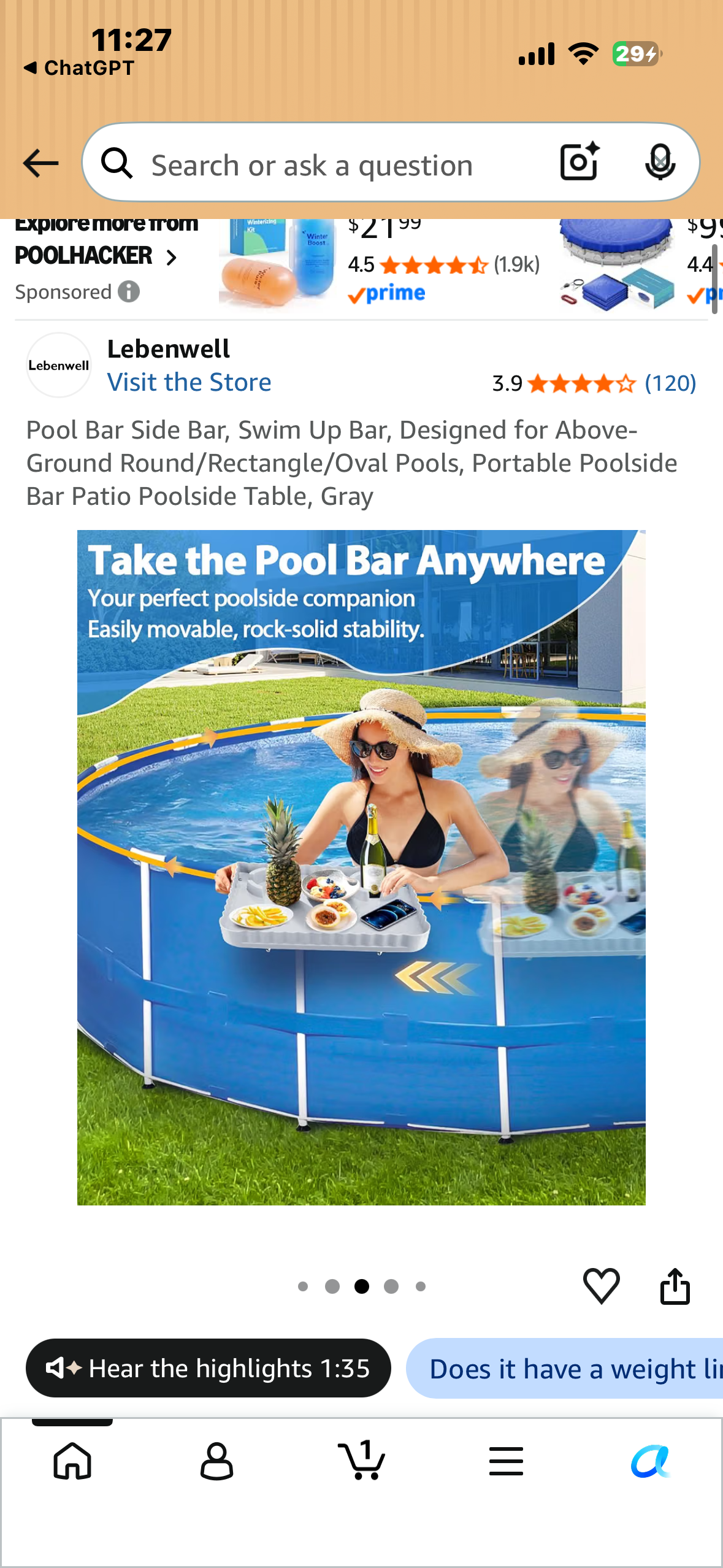 Pool Bar Side Bar, Swim Up Bar, Designed for Above-Ground Round/Rectangle/Oval Pools, Portable Poolside Bar Patio Poolside Table, Blue