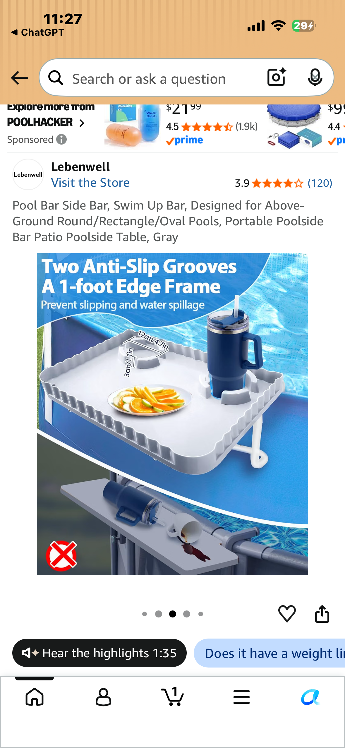 Pool Bar Side Bar, Swim Up Bar, Designed for Above-Ground Round/Rectangle/Oval Pools, Portable Poolside Bar Patio Poolside Table, Blue