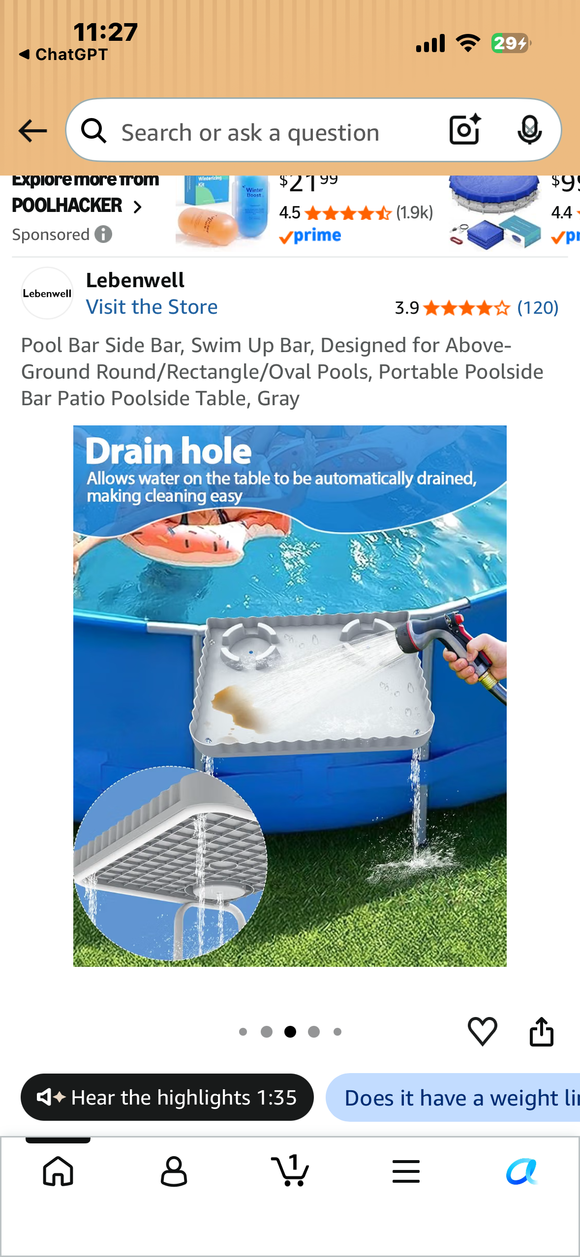 Pool Bar Side Bar, Swim Up Bar, Designed for Above-Ground Round/Rectangle/Oval Pools, Portable Poolside Bar Patio Poolside Table, Blue