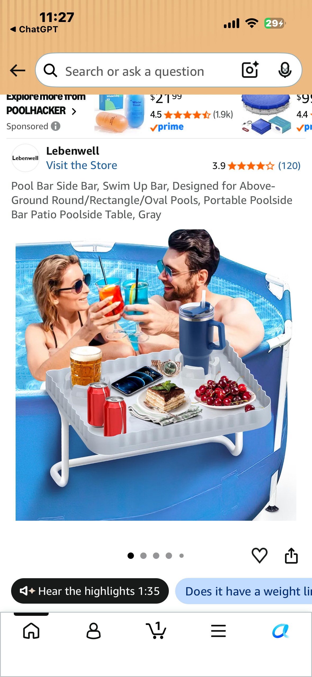 Pool Bar Side Bar, Swim Up Bar, Designed for Above-Ground Round/Rectangle/Oval Pools, Portable Poolside Bar Patio Poolside Table, Blue