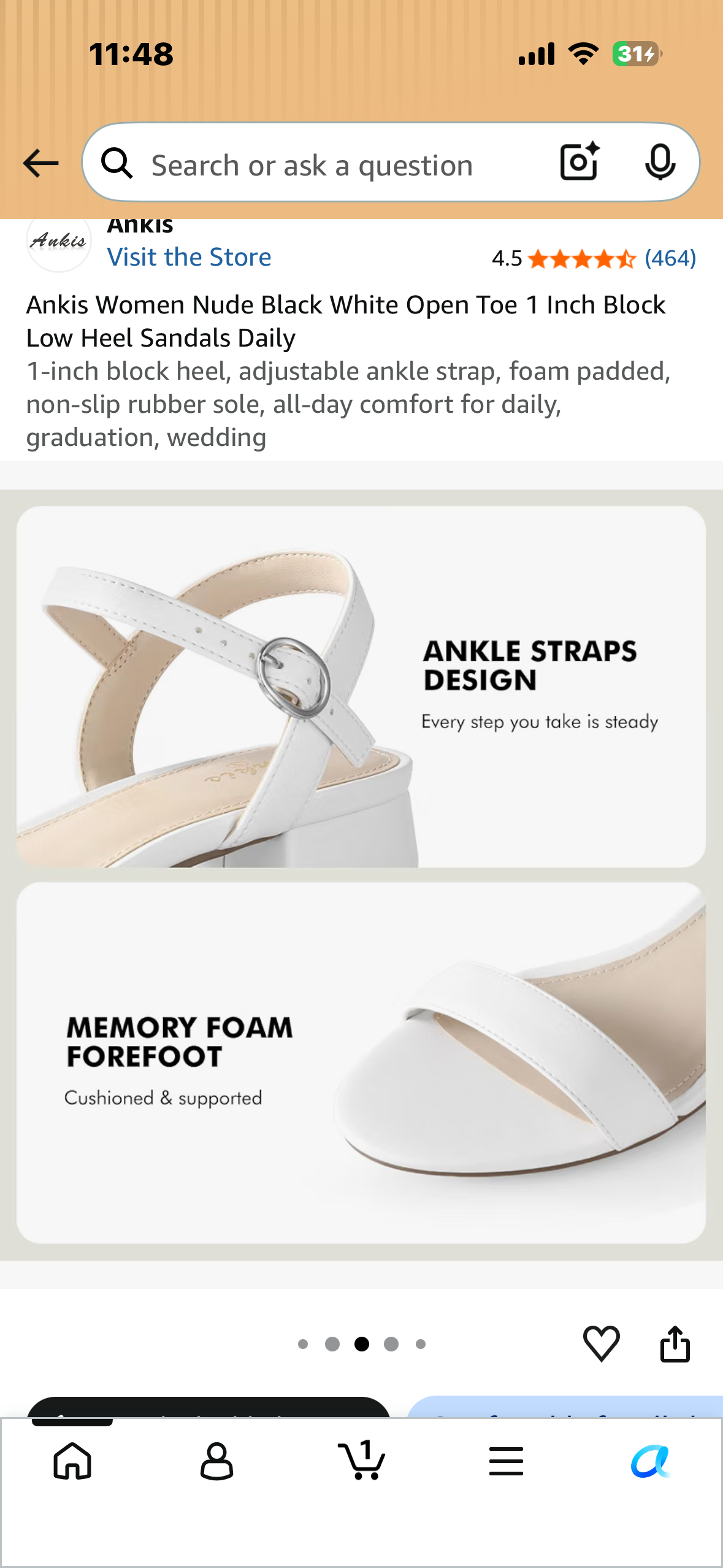 Ankis Women’s Open Toe 1 Inch Block Low Heel Sandals, 1-inch block heel, adjustable ankle strap, foam padded, non-slip rubber sole, all-day comfort