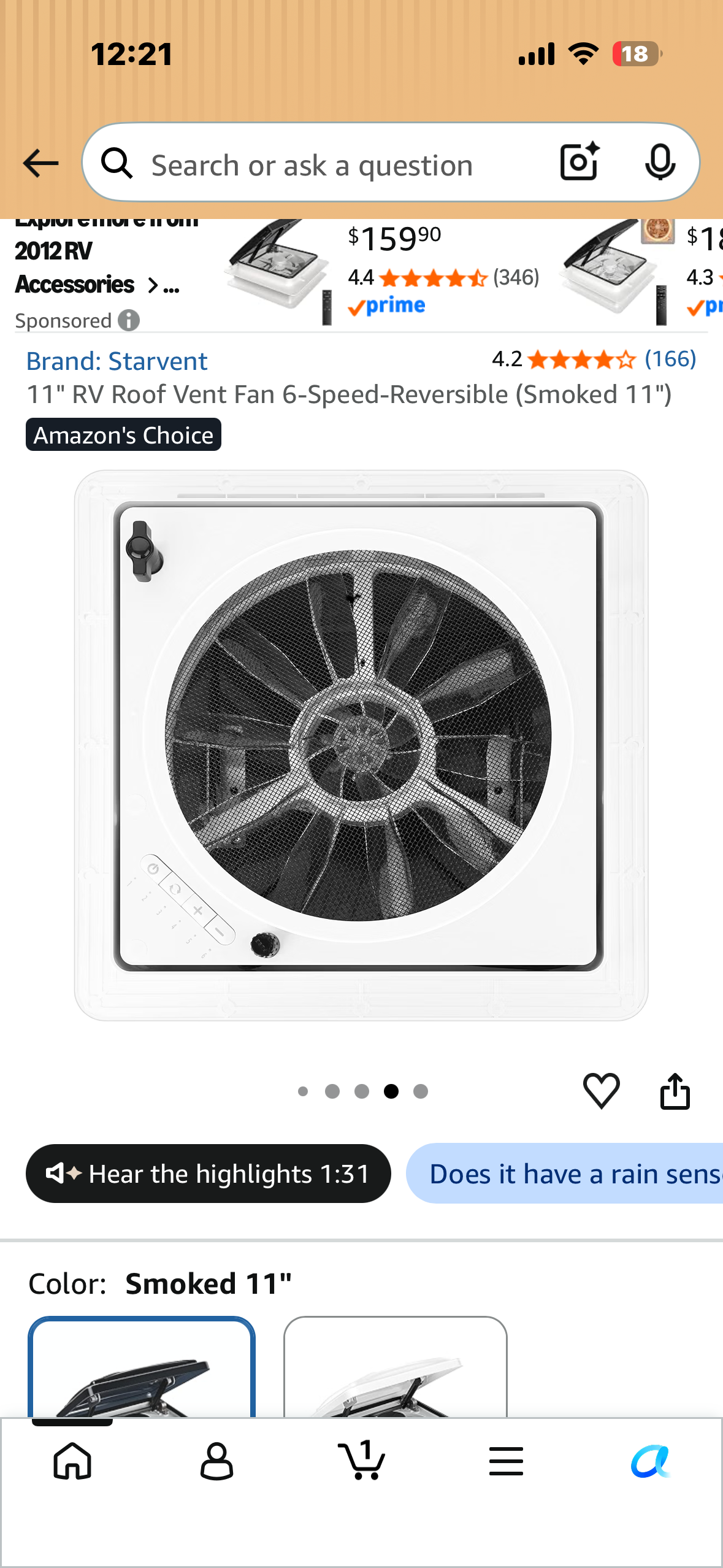 11" RV Roof Vent Fan 6-Speed-Reversible (Smoked 11")