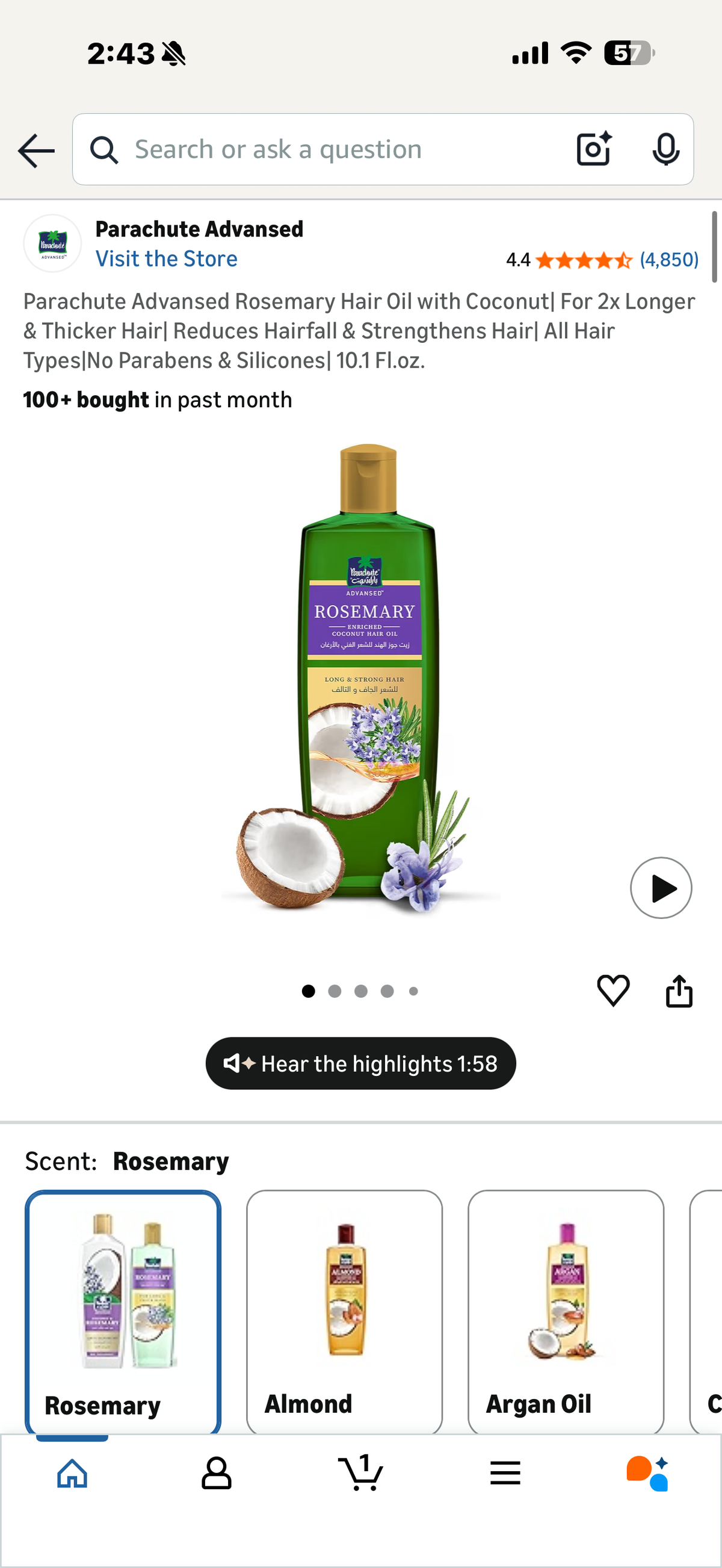 Parachute Advansed Rosemary Hair Oil with Coconut| For 2x Longer & Thicker Hair| Reduces Hairfall & Strengthens Hair| All Hair Types|No Parabens & Silicones| 10.1 Fl.oz.