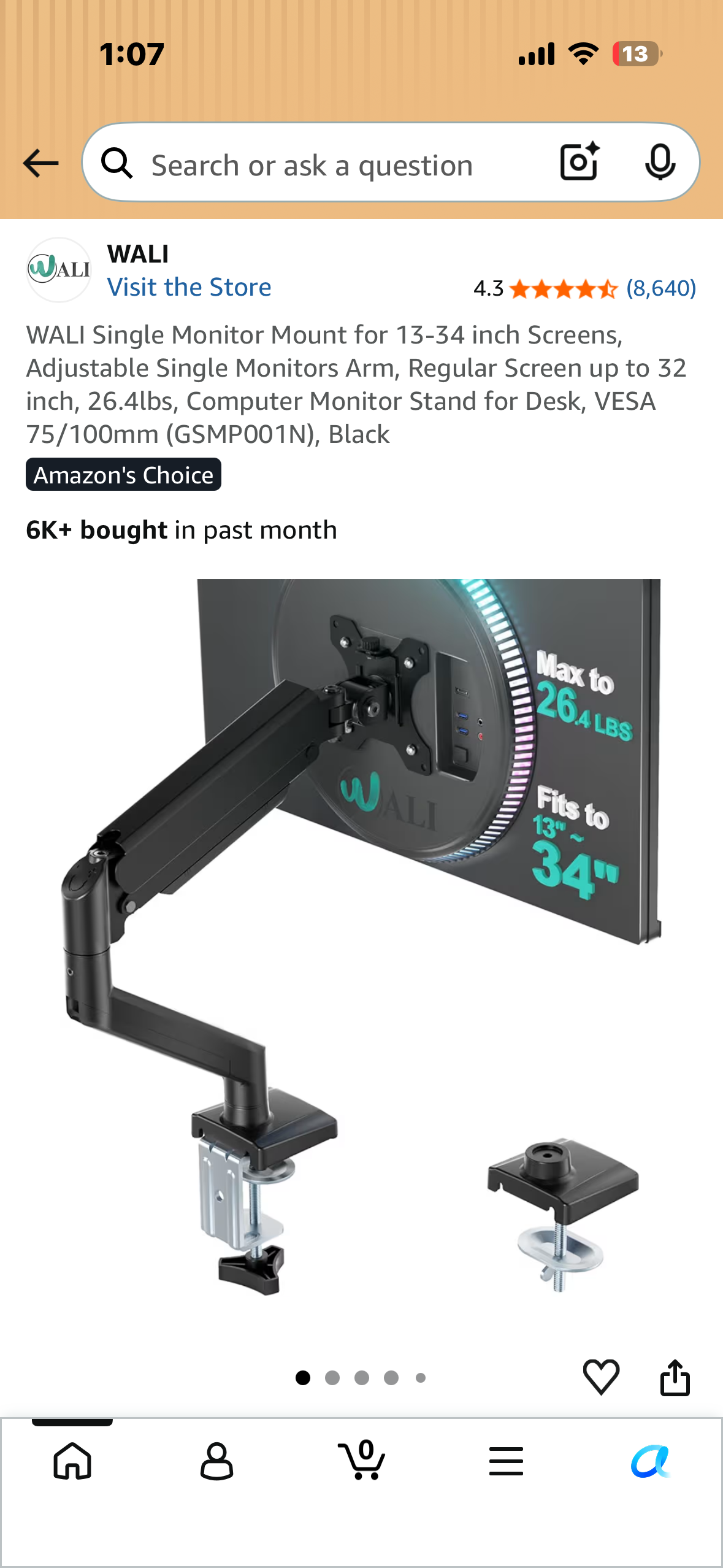 WALI Single Monitor Mount for 13-34 inch Screens, Adjustable Single Monitors Arm, Regular Screen up to 32 inch, 26.4lbs, Computer Monitor Stand for Desk, VESA 75/100mm (GSMP001N), Black UV