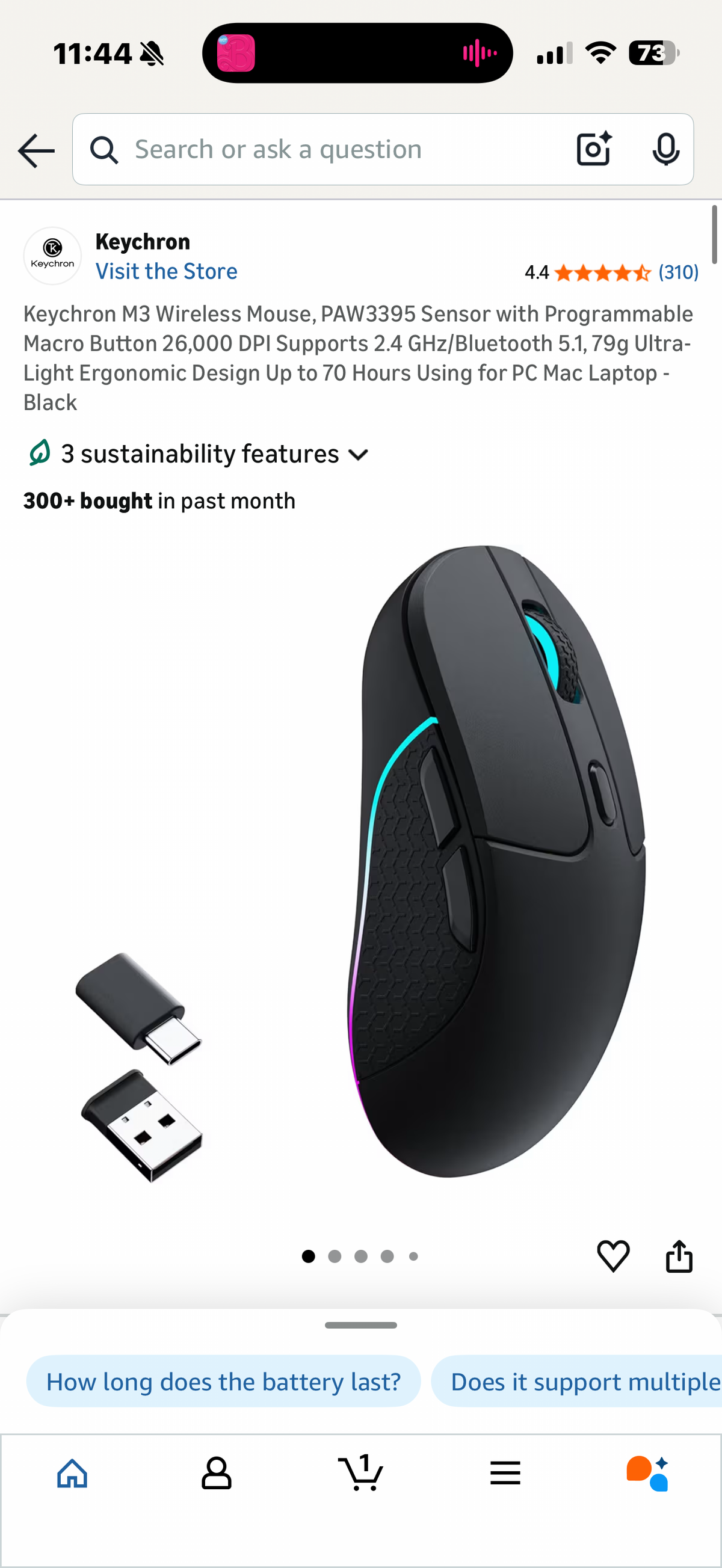 Keychron M3 Wireless Mouse, PAW3395 Sensor with Programmable Macro Button 26,000 DPI Supports 2.4 GHz/Bluetooth 5.1, 79g Ultra-Light Ergonomic Design Up to 70 Hours Using for PC Mac Laptop - Black