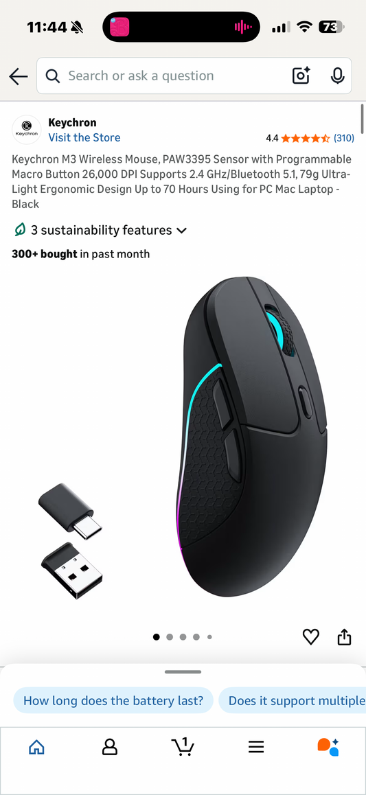 Keychron M3 Wireless Mouse, PAW3395 Sensor with Programmable Macro Button 26,000 DPI Supports 2.4 GHz/Bluetooth 5.1, 79g Ultra-Light Ergonomic Design Up to 70 Hours Using for PC Mac Laptop - Black