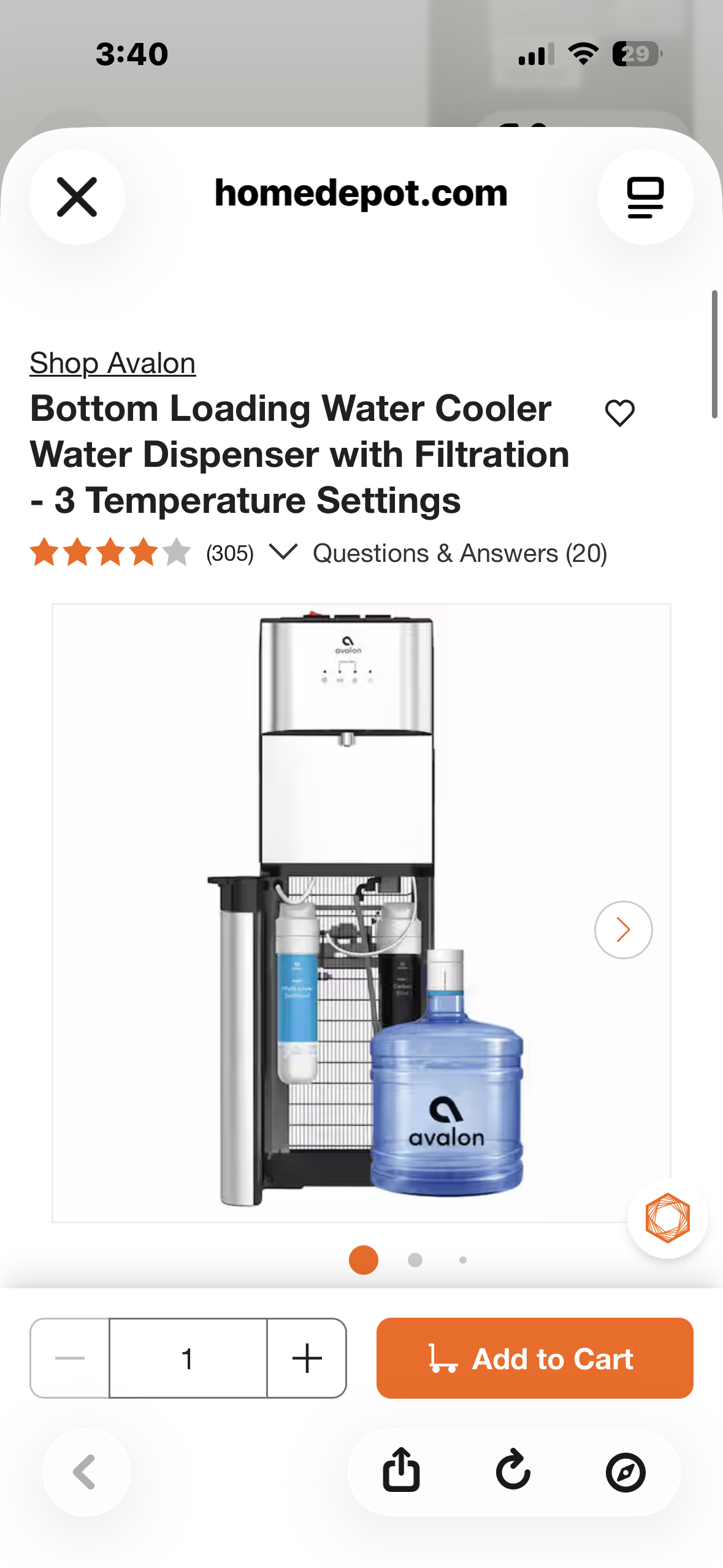 Bottom Loading Water Cooler Water Dispenser with Filtration - 3 Temperature Settings