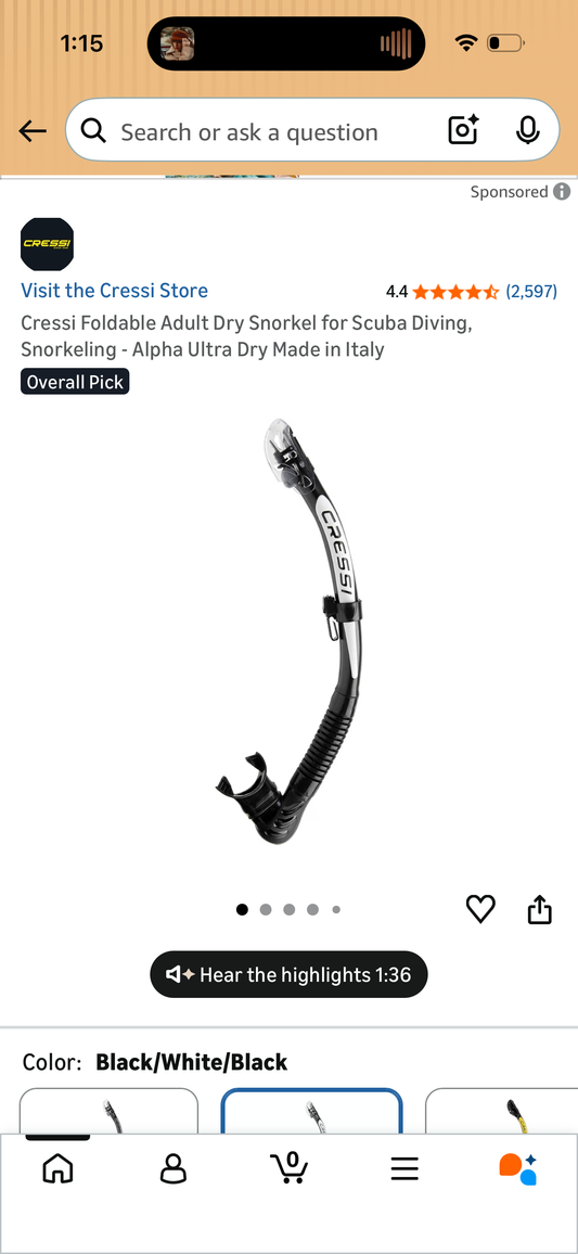Cressi Foldable Adult Dry Snorkel for Scuba Diving, Snorkeling - Alpha Ultra Dry Made in Italy