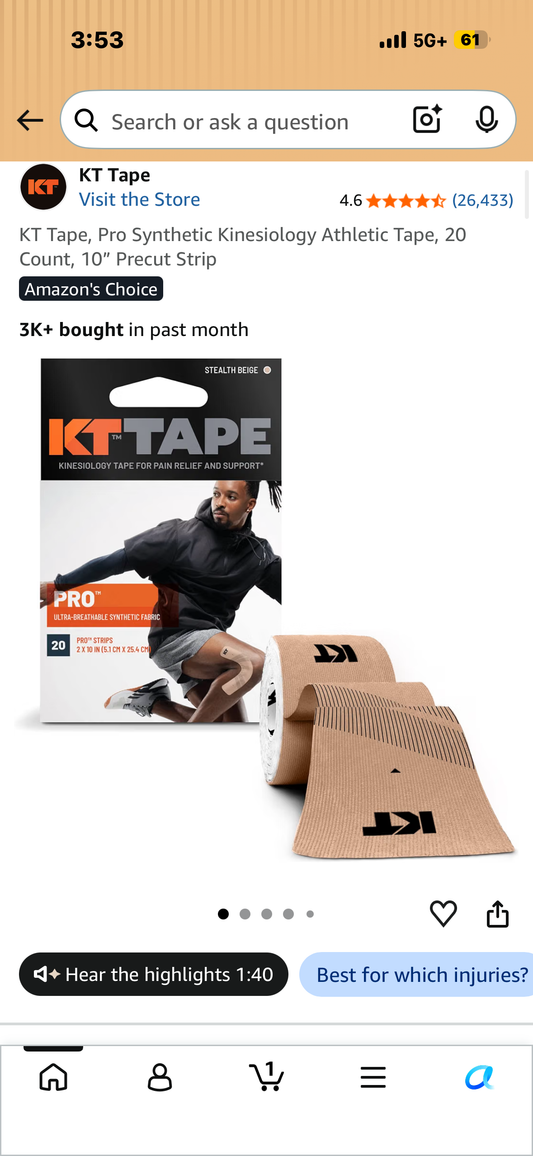 KT Tape, Pro Synthetic Kinesiology Athletic Tape, 20 Count, 10” Precut Strip