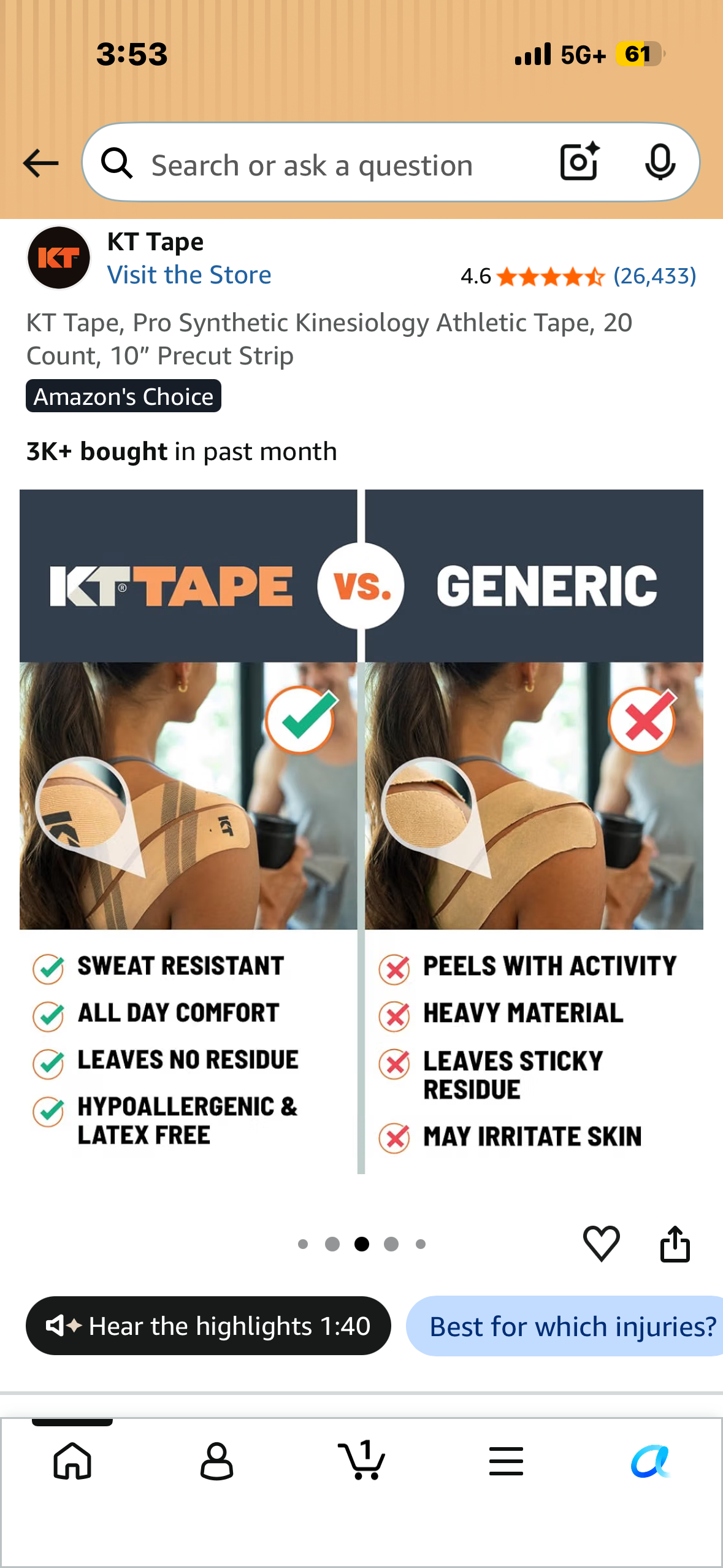 KT Tape, Pro Synthetic Kinesiology Athletic Tape, 20 Count, 10” Precut Strip