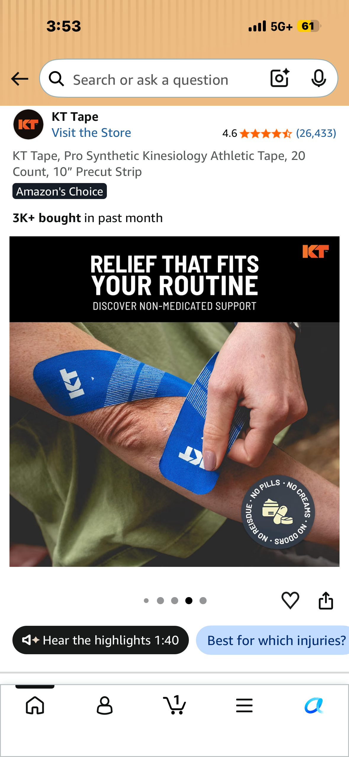 KT Tape, Pro Synthetic Kinesiology Athletic Tape, 20 Count, 10” Precut Strip