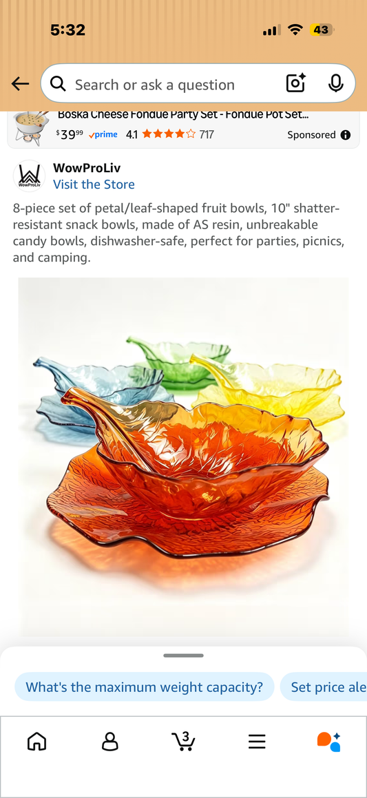 8-piece set of petal/leaf-shaped fruit bowls, 10" shatter-resistant snack bowls, made of AS resin, unbreakable candy bowls, dishwasher-safe, perfect for parties, picnics, and camping