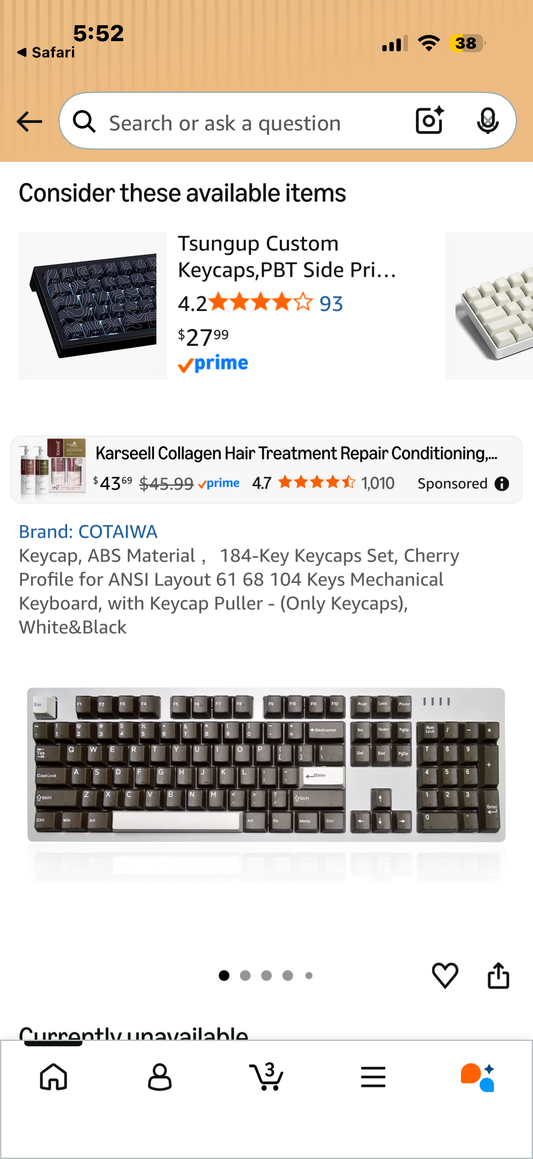 Keycap, ABS Material ，184-Key Keycaps Set, Cherry Profile for ANSI Layout 61 68 104 Keys Mechanical Keyboard, with Keycap Puller - (Only Keycaps), White&Black