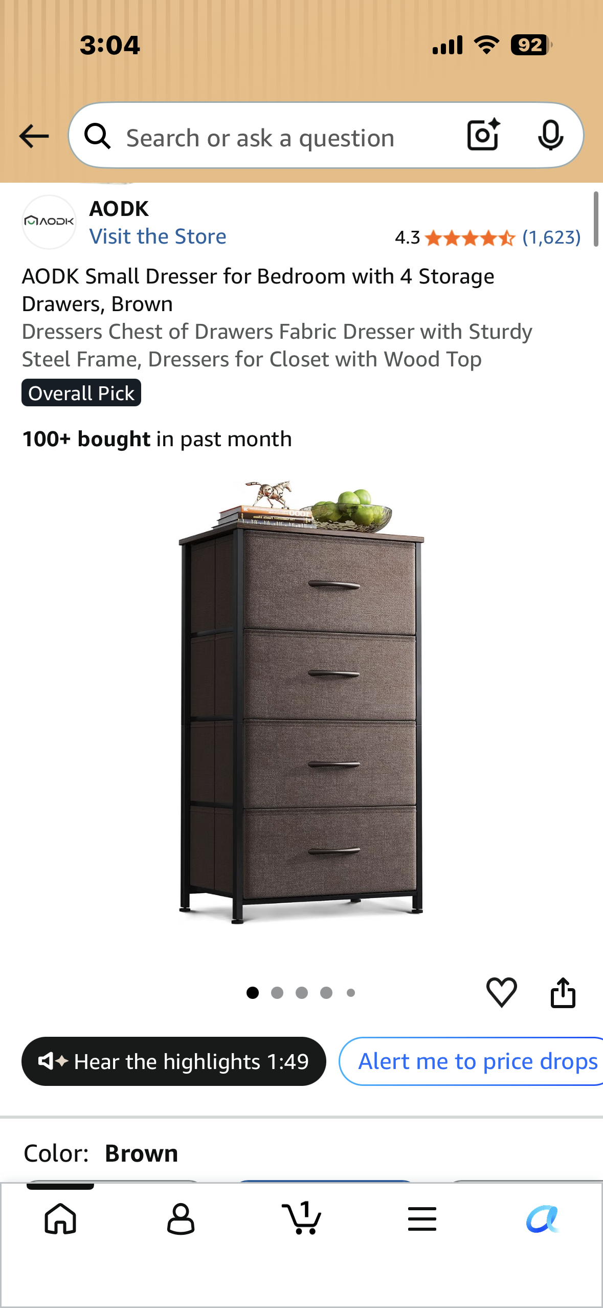 Small Dresser for Bedroom with 4 Storage Drawers, Brown Dresser Chest of Drawers, Fabric Dresser with Sturdy Steel Frame, Dresser for Closet with Wood Top