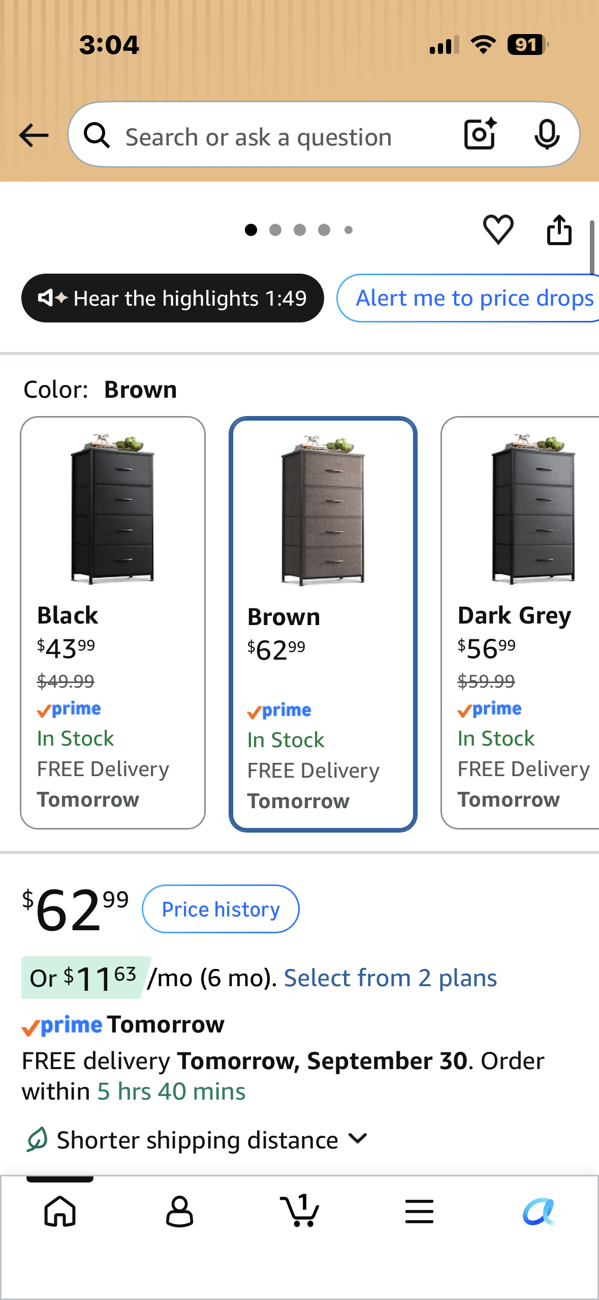 Small Dresser for Bedroom with 4 Storage Drawers, Brown Dresser Chest of Drawers, Fabric Dresser with Sturdy Steel Frame, Dresser for Closet with Wood Top