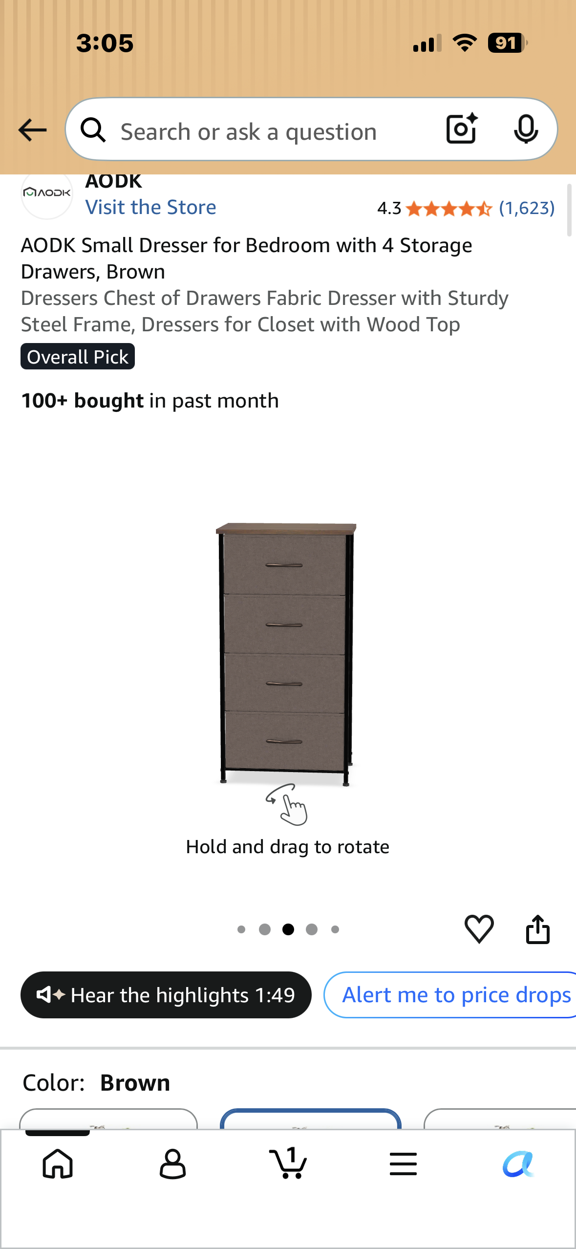 Small Dresser for Bedroom with 4 Storage Drawers, Brown Dresser Chest of Drawers, Fabric Dresser with Sturdy Steel Frame, Dresser for Closet with Wood Top