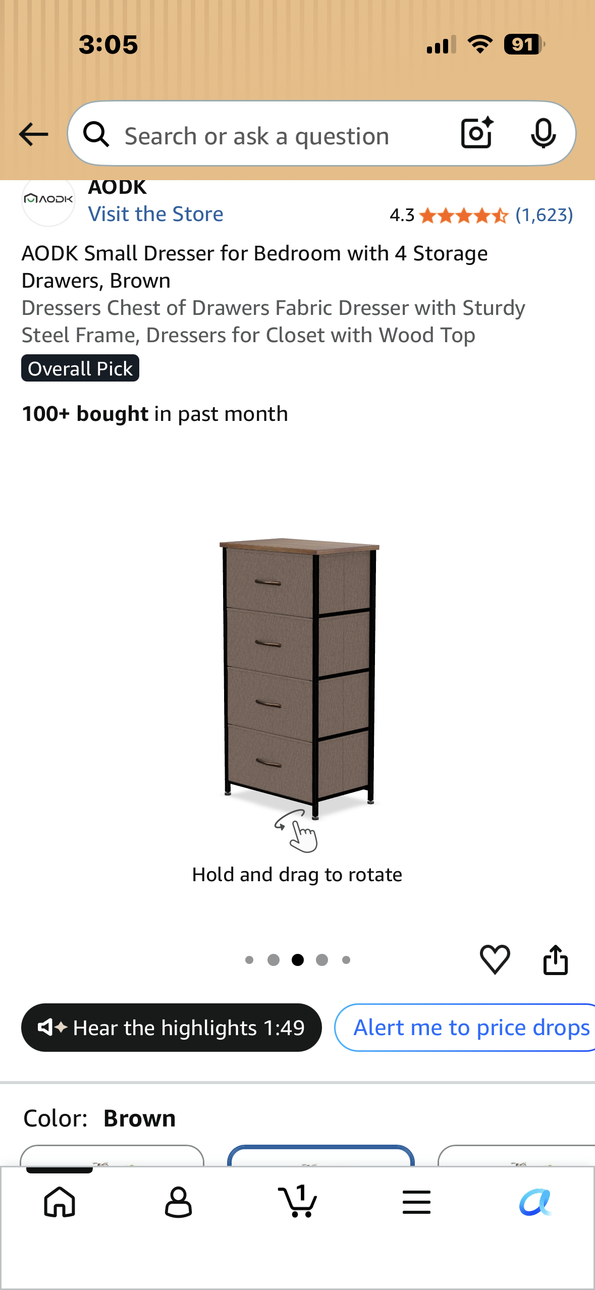 Small Dresser for Bedroom with 4 Storage Drawers, Brown Dresser Chest of Drawers, Fabric Dresser with Sturdy Steel Frame, Dresser for Closet with Wood Top