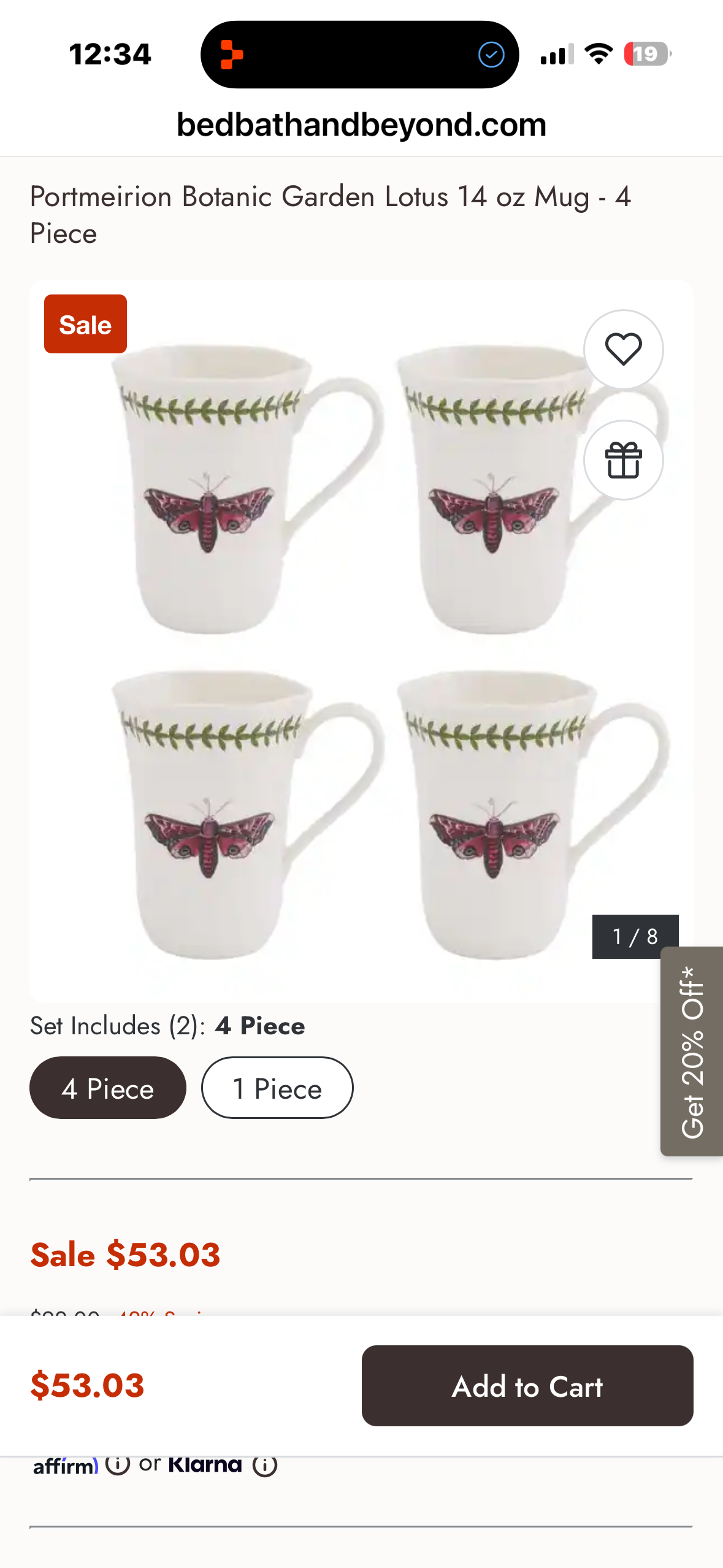 Portmeirion Butterfly Set of 4-14 oz Porcelain Coffee & Tea Cups with Butterfly Motif, Laurel Leaf Border & Lotus-Shaped Rim - Dishwasher & Microwave Safe