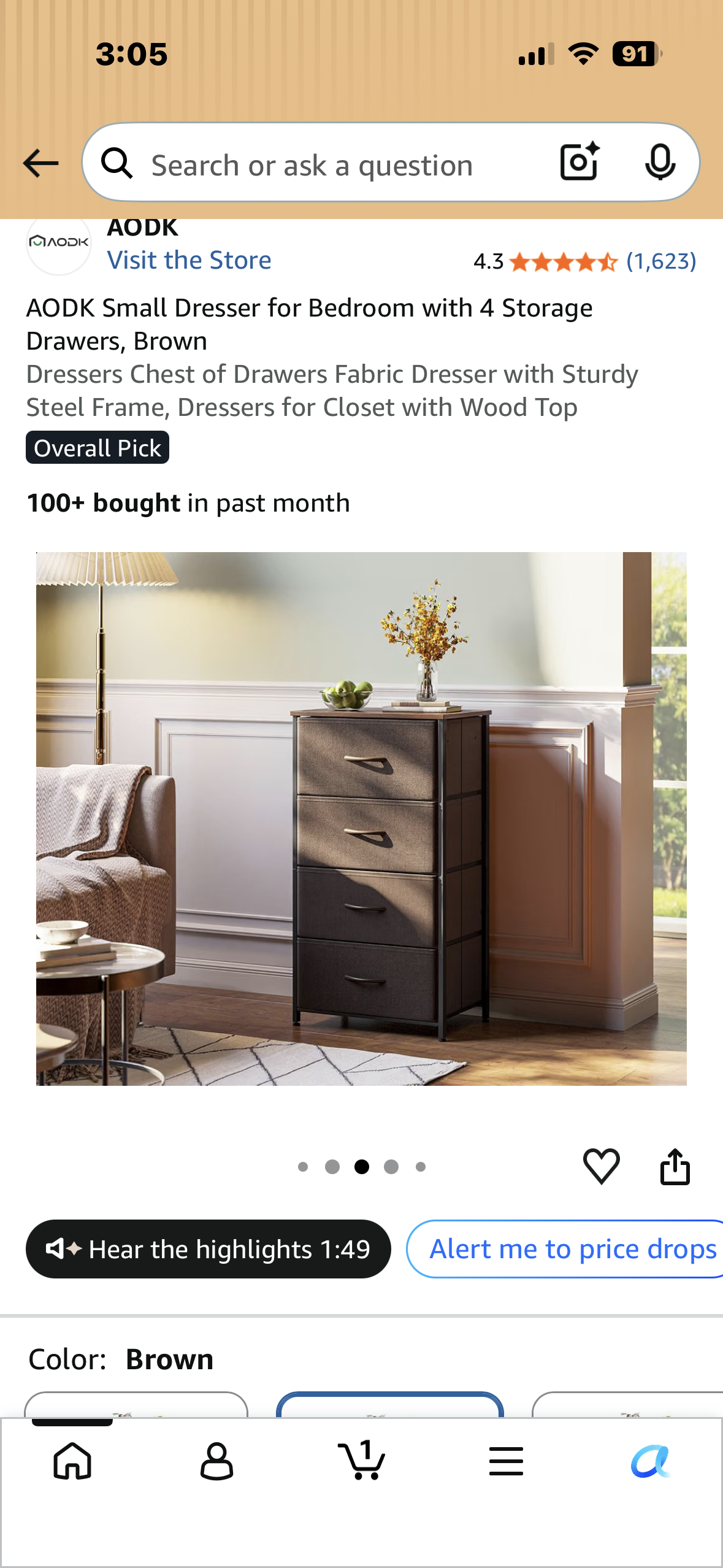 Small Dresser for Bedroom with 4 Storage Drawers, Brown Dresser Chest of Drawers, Fabric Dresser with Sturdy Steel Frame, Dresser for Closet with Wood Top