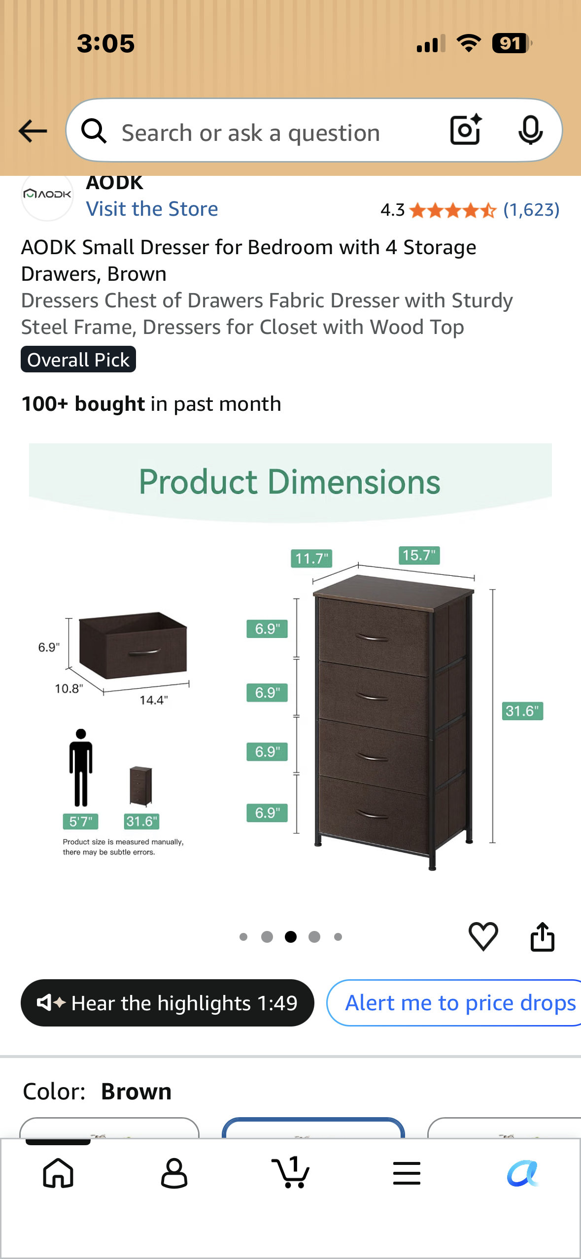 Small Dresser for Bedroom with 4 Storage Drawers, Brown Dresser Chest of Drawers, Fabric Dresser with Sturdy Steel Frame, Dresser for Closet with Wood Top