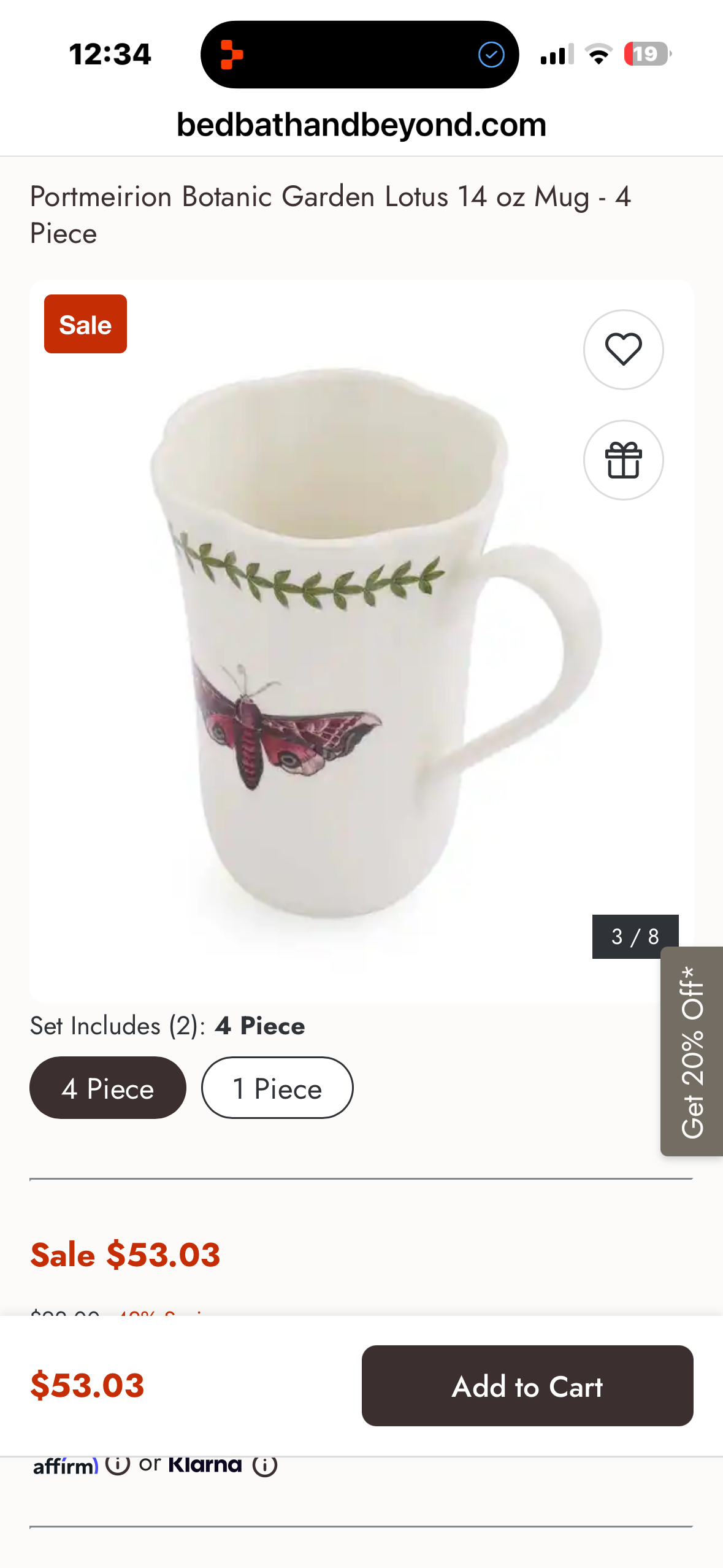 Portmeirion Butterfly Set of 4-14 oz Porcelain Coffee & Tea Cups with Butterfly Motif, Laurel Leaf Border & Lotus-Shaped Rim - Dishwasher & Microwave Safe