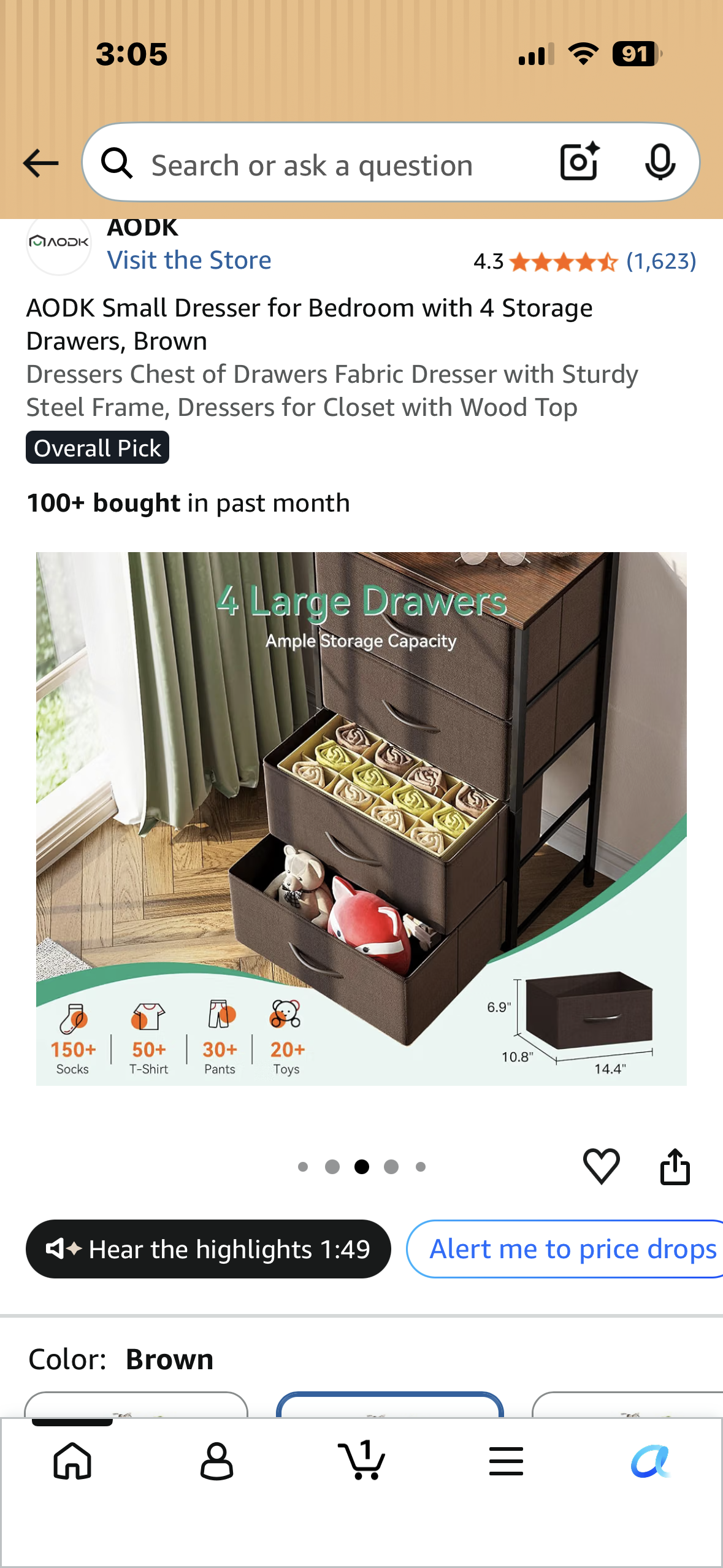 Small Dresser for Bedroom with 4 Storage Drawers, Brown Dresser Chest of Drawers, Fabric Dresser with Sturdy Steel Frame, Dresser for Closet with Wood Top
