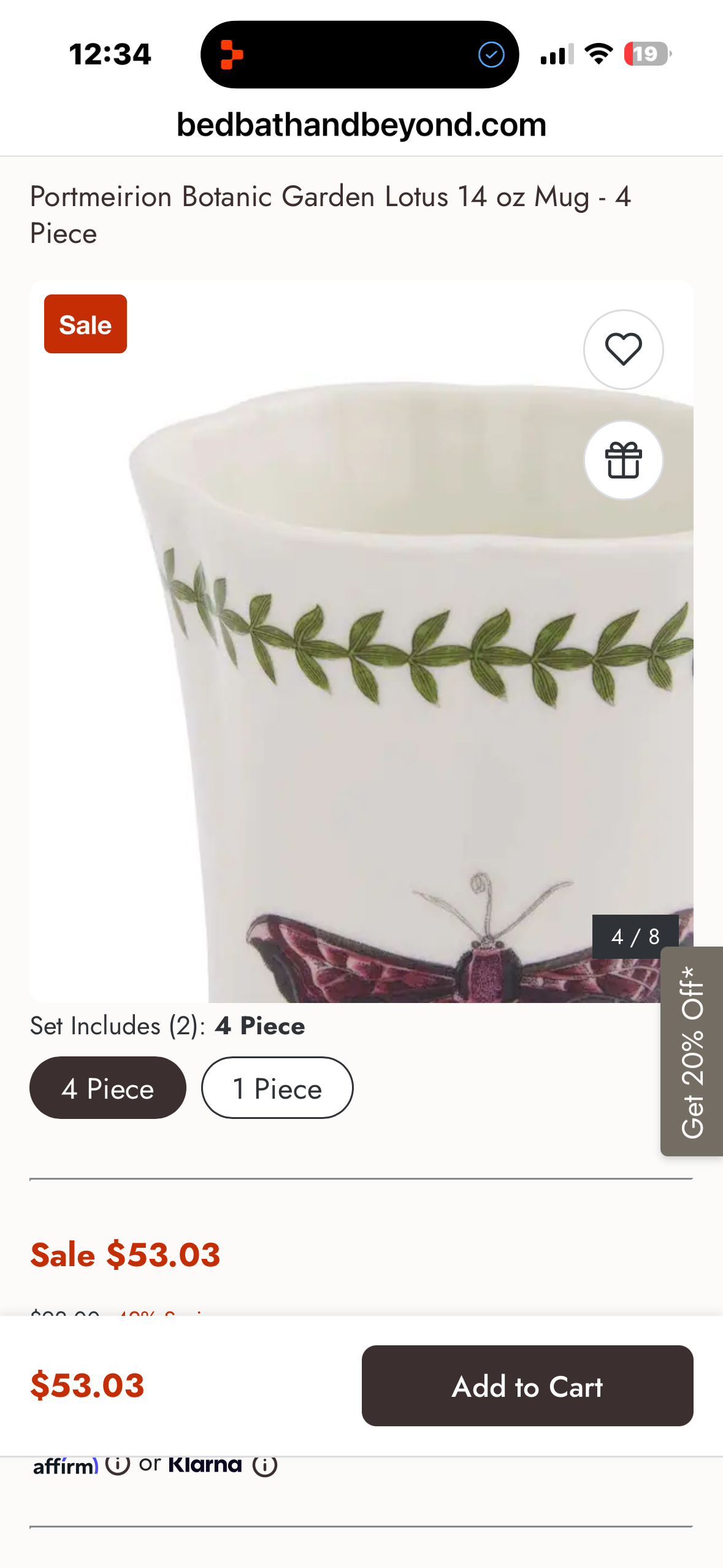 Portmeirion Butterfly Set of 4-14 oz Porcelain Coffee & Tea Cups with Butterfly Motif, Laurel Leaf Border & Lotus-Shaped Rim - Dishwasher & Microwave Safe