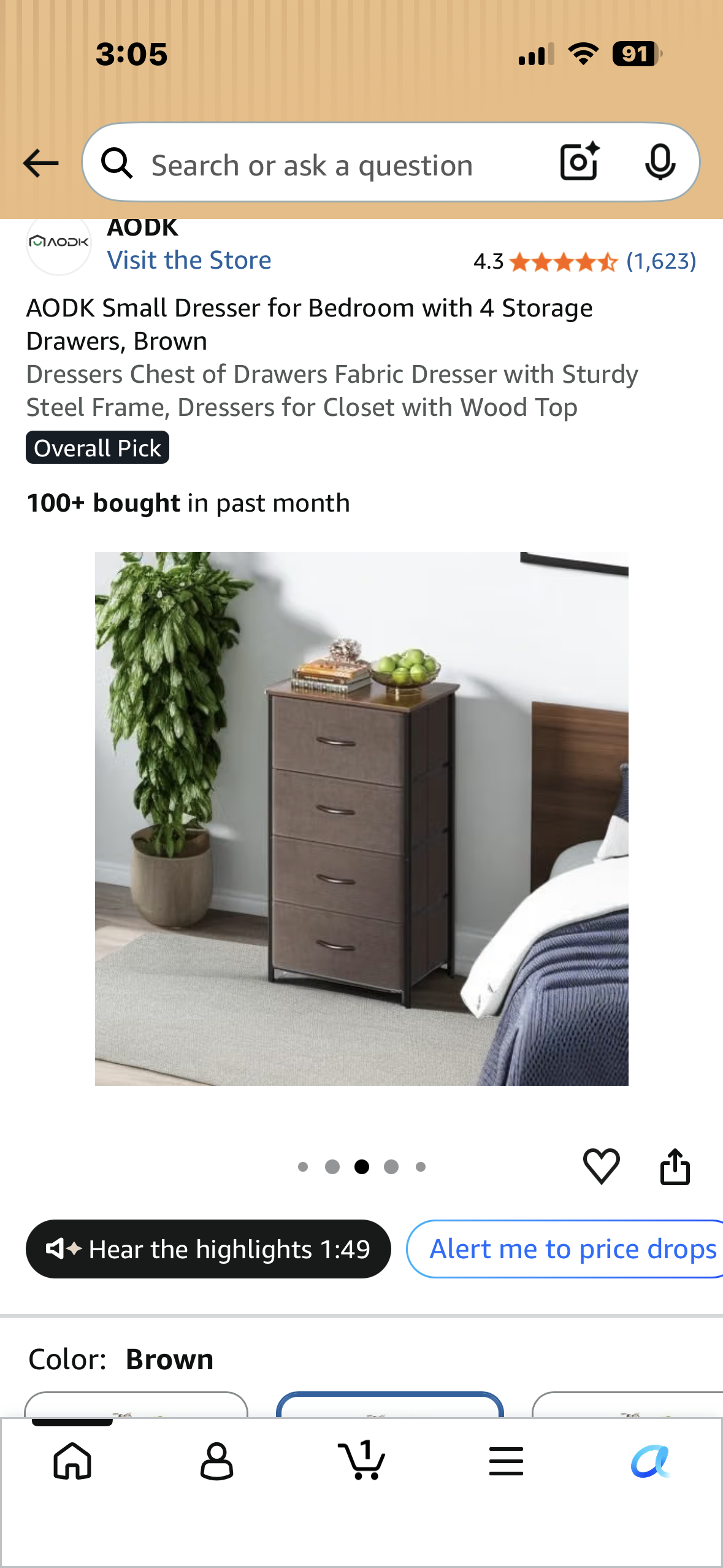 Small Dresser for Bedroom with 4 Storage Drawers, Brown Dresser Chest of Drawers, Fabric Dresser with Sturdy Steel Frame, Dresser for Closet with Wood Top