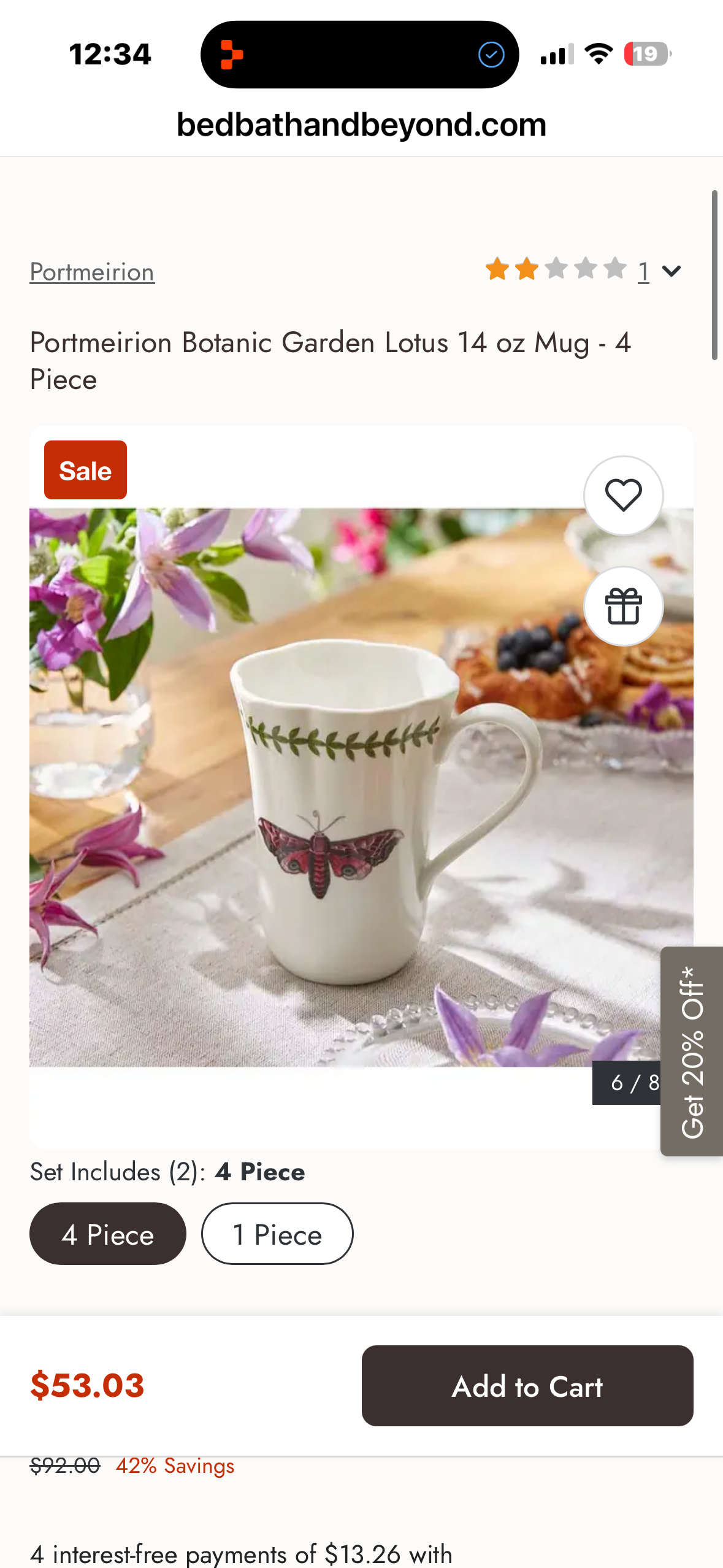 Portmeirion Butterfly Set of 4-14 oz Porcelain Coffee & Tea Cups with Butterfly Motif, Laurel Leaf Border & Lotus-Shaped Rim - Dishwasher & Microwave Safe