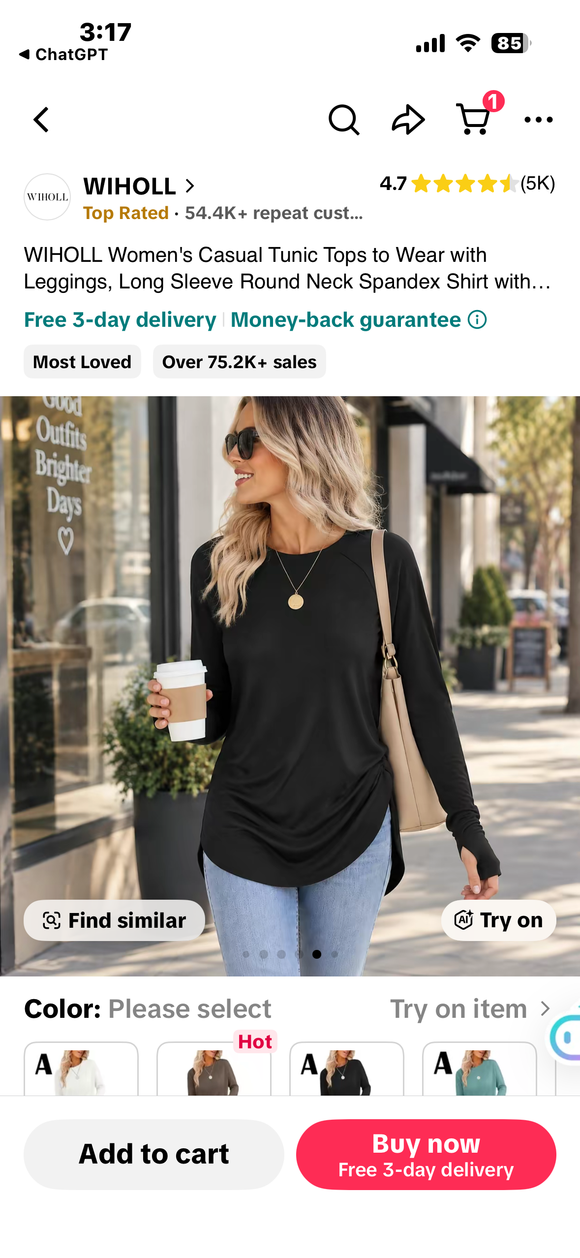 women’s long-sleeve crewneck tunic with a curved hem (Size Large)
