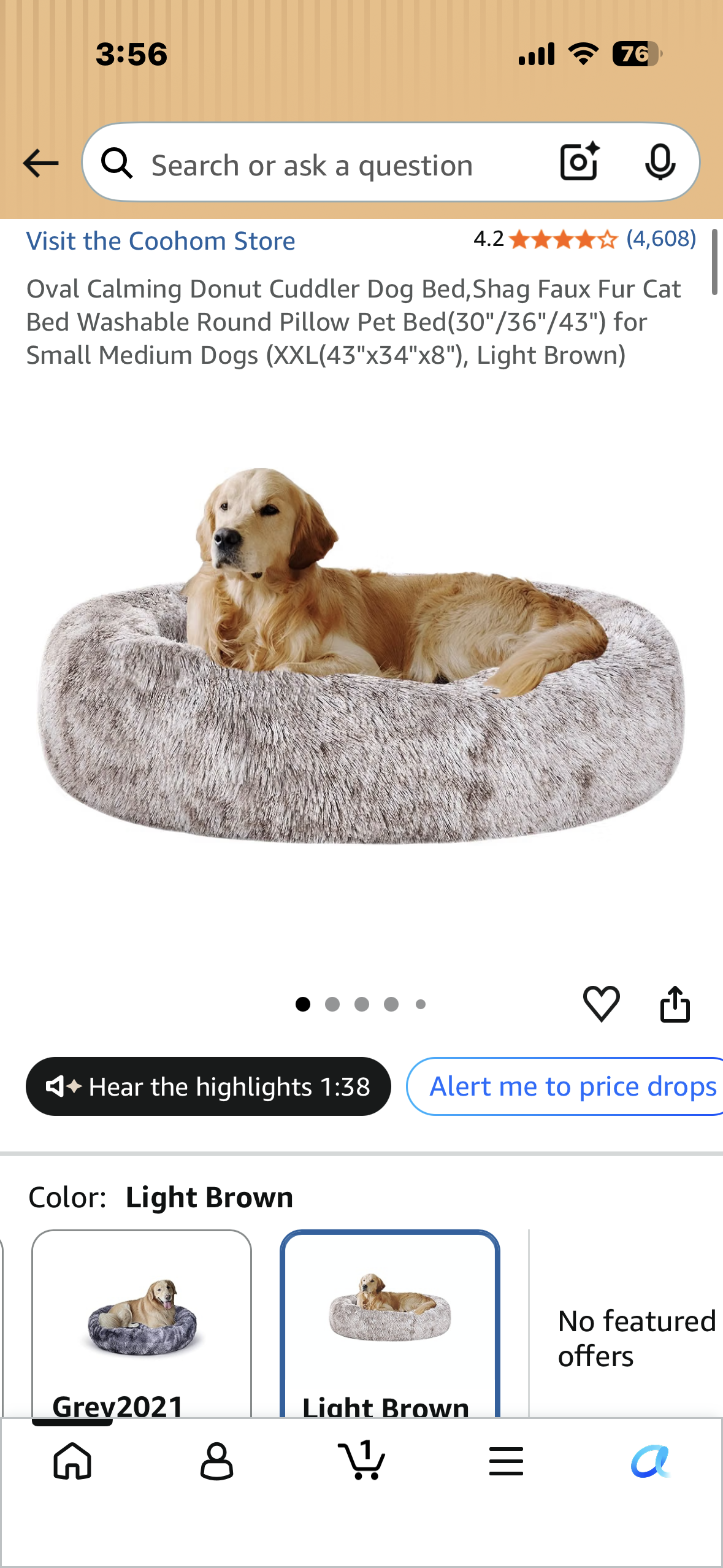 Oval Calming Donut Cuddler Dog Bed,Shag Faux Fur Cat Bed Washable Round Pillow Pet Bed for Medium Dogs (43"x34"x8"), Light Brown)