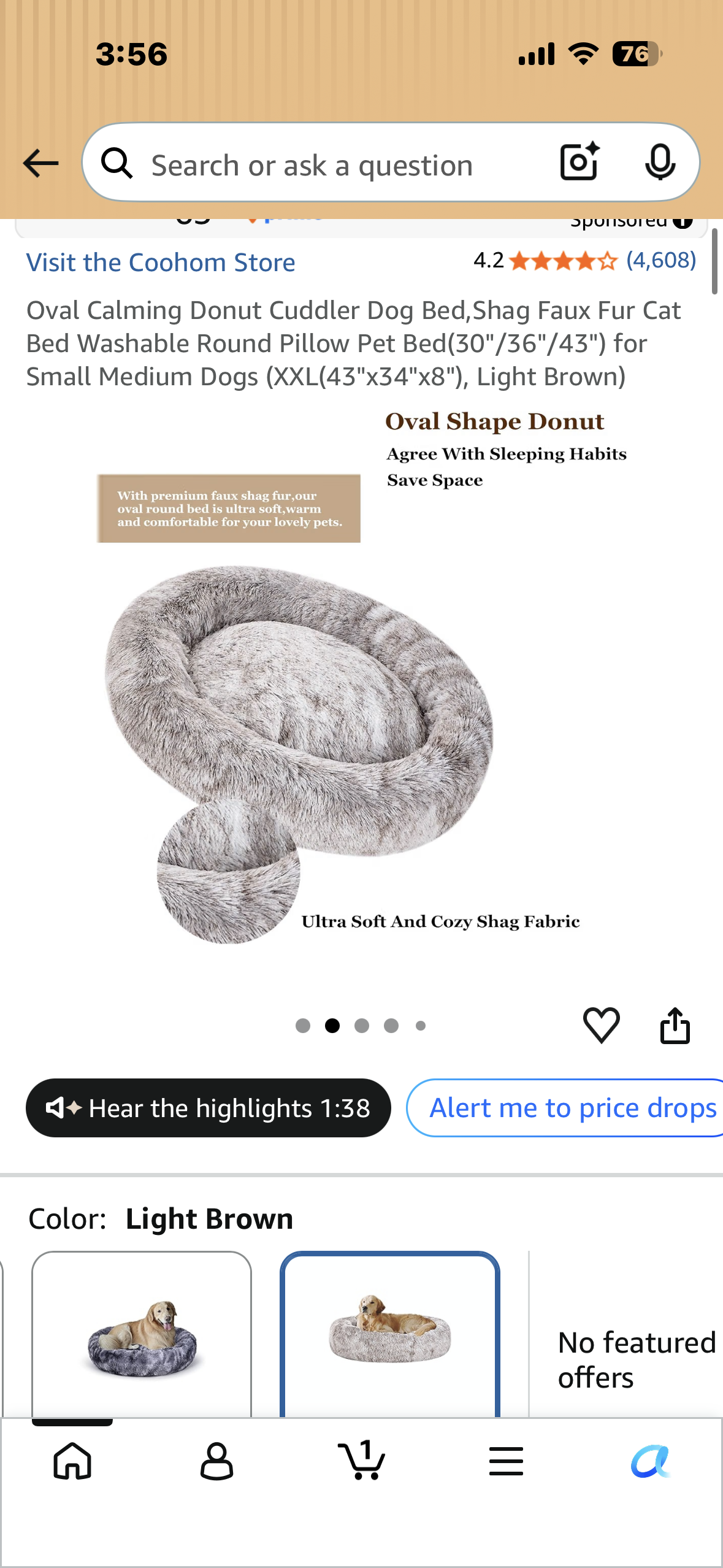 Oval Calming Donut Cuddler Dog Bed,Shag Faux Fur Cat Bed Washable Round Pillow Pet Bed for Medium Dogs (43"x34"x8"), Light Brown)