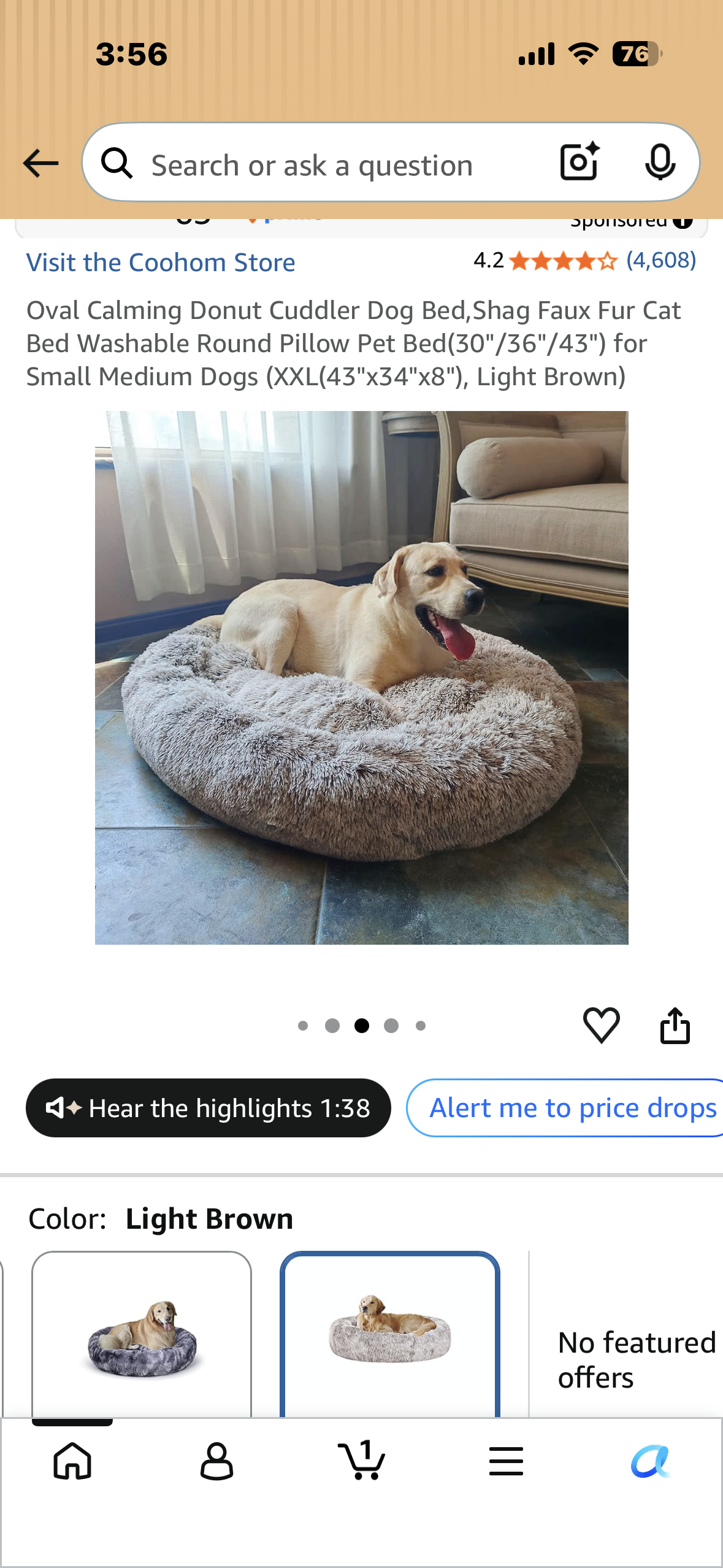 Oval Calming Donut Cuddler Dog Bed,Shag Faux Fur Cat Bed Washable Round Pillow Pet Bed for Medium Dogs (43"x34"x8"), Light Brown)