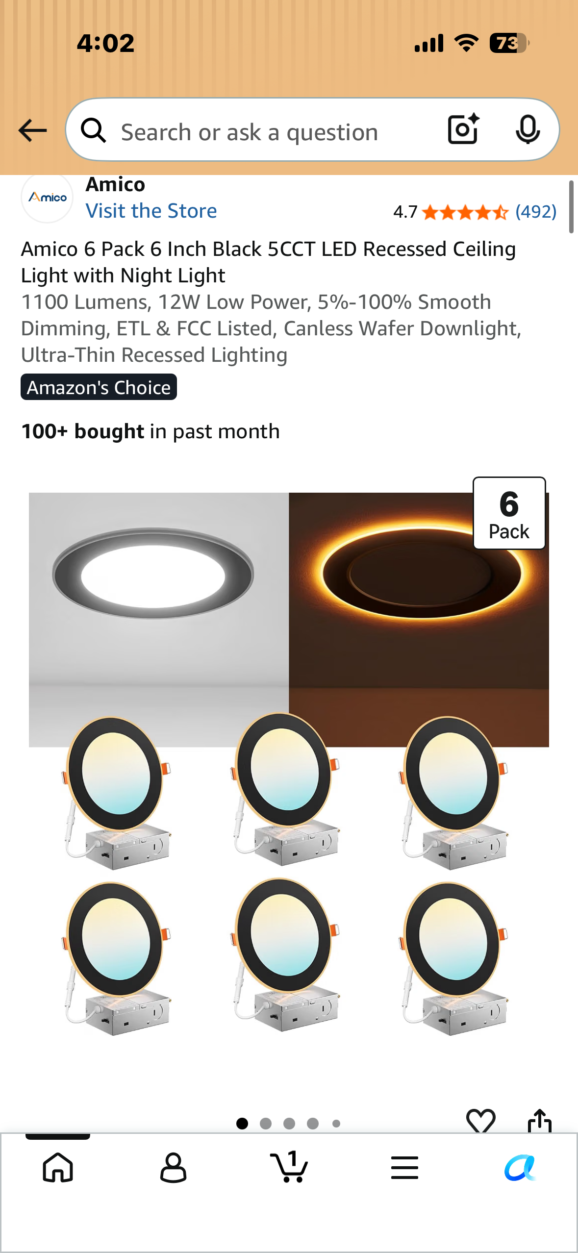 Amico 6 Pack 6 Inch Black 5CCT LED Recessed Ceiling Lights with Night Light, 1100 Lumens, 12W Low Power, 5%-100% Smooth Dimming, ETL & FCC Listed, Canless Wafer Downlight, Ultra-Thin Recessed Lighting